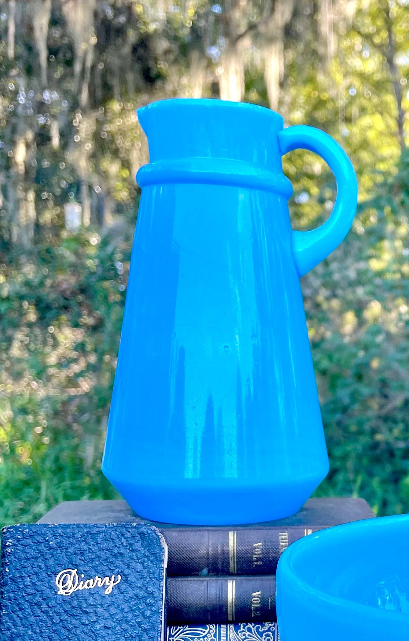 vintage french opaline pitcher, blue opaline glass pitcher, antique french opaline, raised base mark glass, swirl mark opaline, portieux vallerysthal style, 6 inch blue opaline jug, hand blown french pitcher, robins egg blue creamer, embossed mold mark glassware, collectible french milk glass, turquoise opaline pitcher, victorian blue opaline, french opaline with base mark victorian decor french victorian decor 19th century antiques ocean blue glass thebrokenbirdcompany free shipping