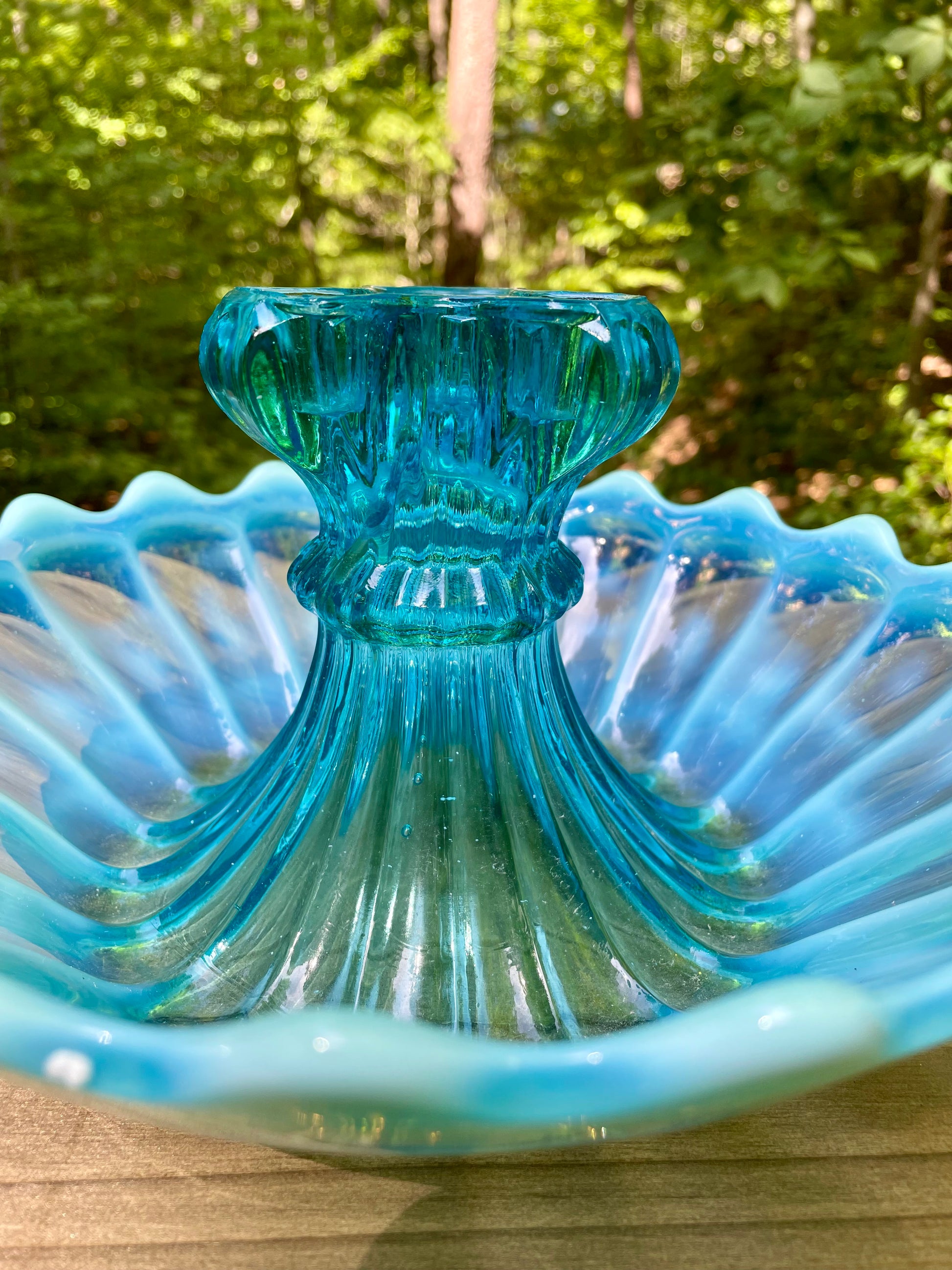 antique blue pearline blown glass 3 prong candle holder center piece blue and white glass rare blue glass kitchen decor housewarming gift for her rare home decor christmas gift housewarming gift 1900s piece holiday decor birthday gift beautiful glass free shipping in the USA thebrokenbirdcompany