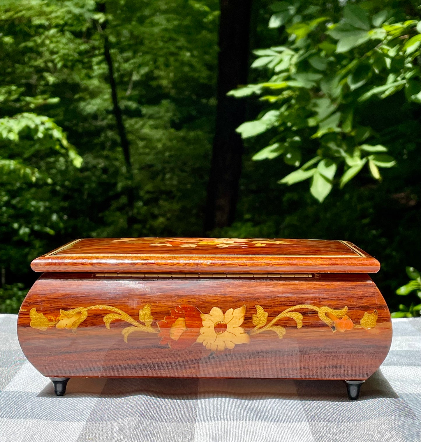 Italian made vintage reuge swiss music movement jewelry music box red velvet inside hand inlaid floral motifs gold trim wind up music box vintage music box pink flowers white and yellow flowers birthday gift for her christmas unique gift thebrokenbirdcompany free shipping rare music box collectible jewelry box 