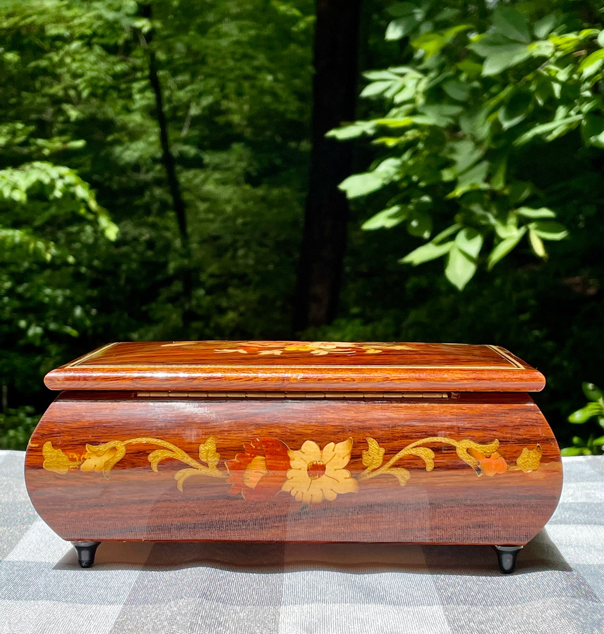 Italian made vintage reuge swiss music movement jewelry music box red velvet inside hand inlaid floral motifs gold trim wind up music box vintage music box pink flowers white and yellow flowers birthday gift for her christmas unique gift thebrokenbirdcompany free shipping rare music box collectible jewelry box 