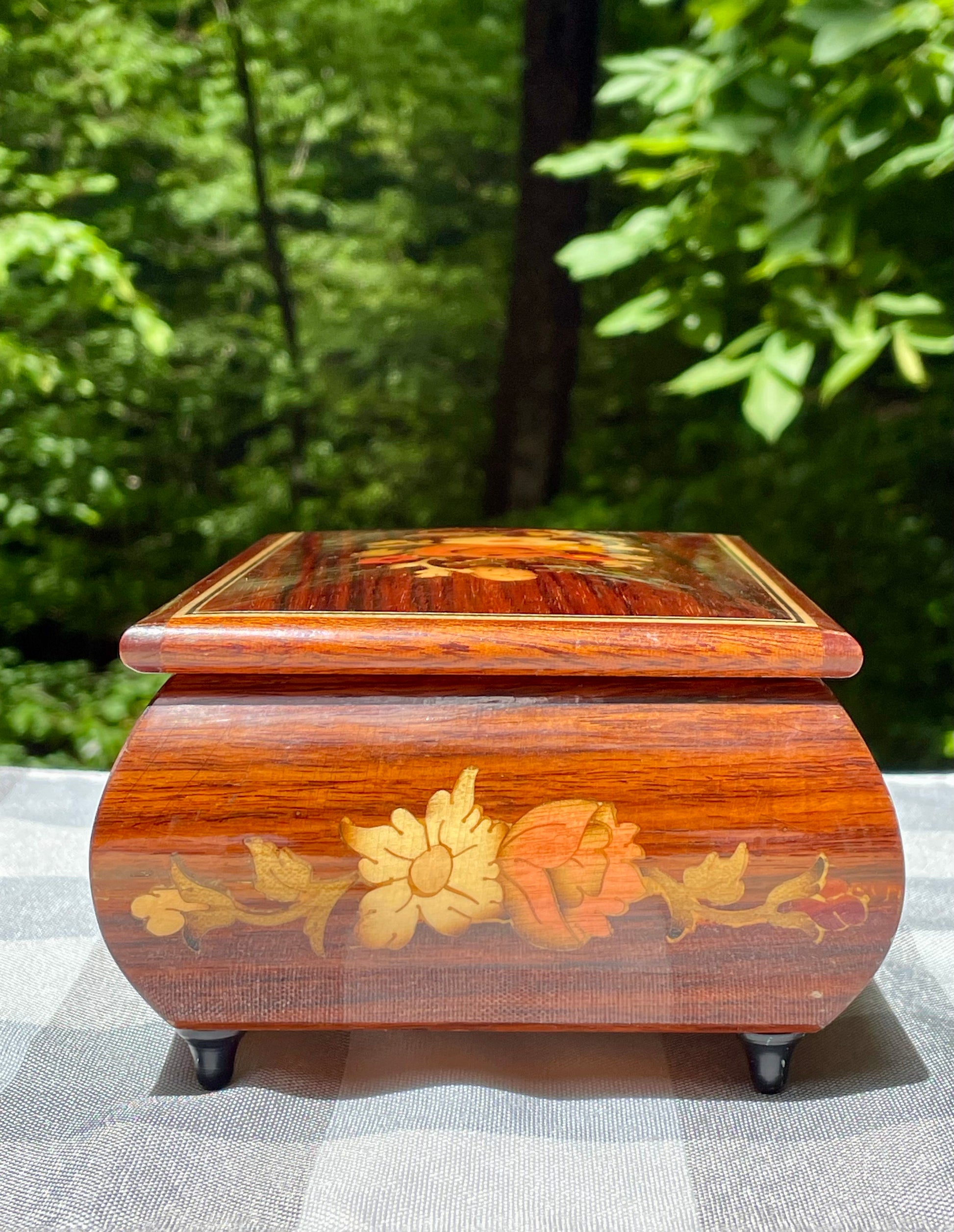 Italian made vintage reuge swiss music movement jewelry music box red velvet inside hand inlaid floral motifs gold trim wind up music box vintage music box pink flowers white and yellow flowers birthday gift for her christmas unique gift thebrokenbirdcompany free shipping rare music box collectible jewelry box 