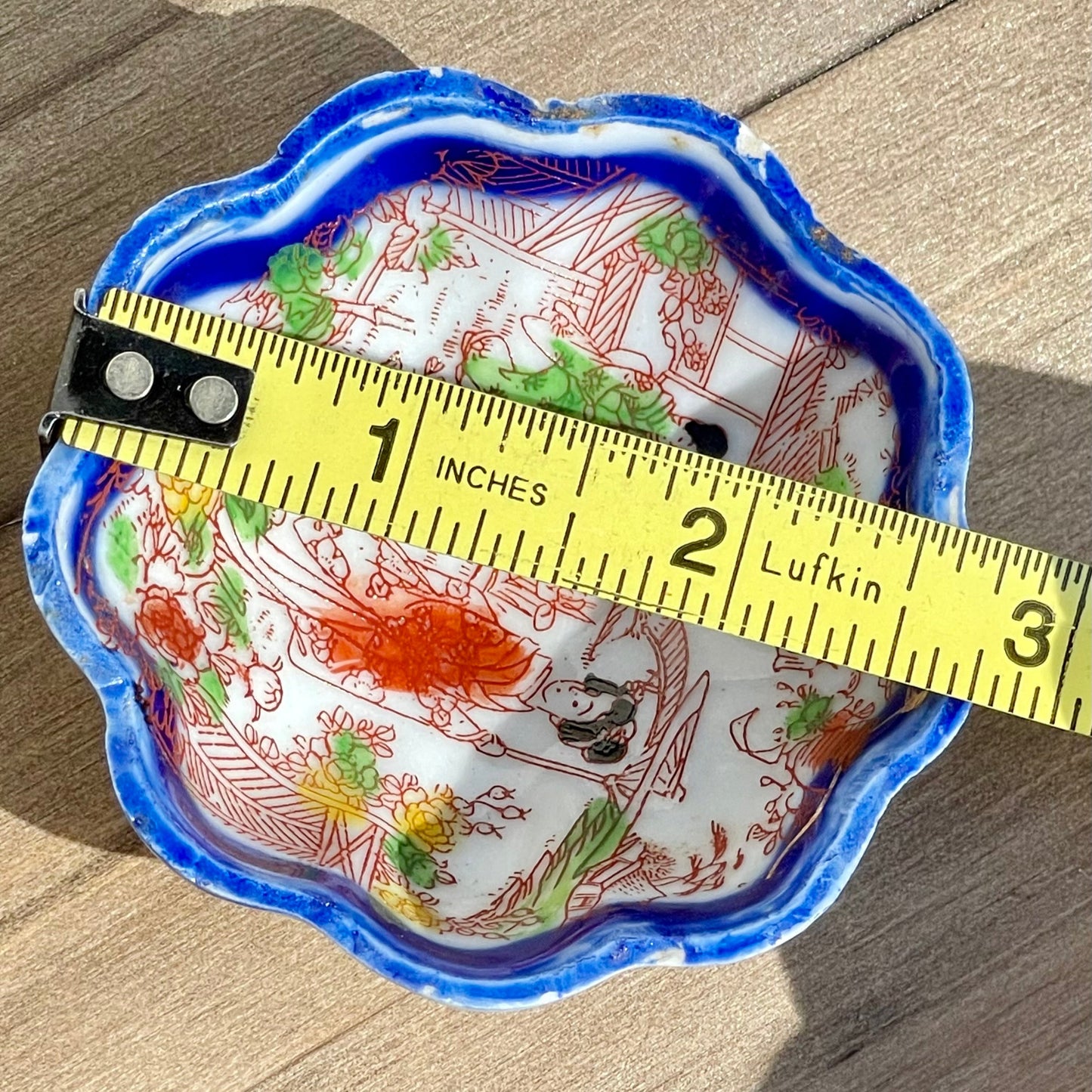 Vintage hand painted blue scalloped edge teriyaki sauce bowl japanese moriage raised textured painted teriyaki sauce bowl vintage hand made blue scalloped edge bowl asain decor rare bowls asain home decor rare asian kitchen ware thebrokenbirdcompany free shipping made in japan raised textured painting asain cup blue edge geisha japan landscape green plants red dress geisha