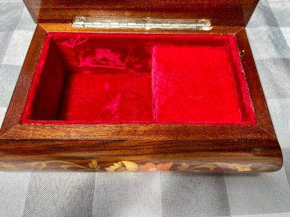 Italian made vintage reuge swiss music movement jewelry music box red velvet inside hand inlaid floral motifs gold trim wind up music box vintage music box pink flowers white and yellow flowers birthday gift for her christmas unique gift thebrokenbirdcompany free shipping rare music box collectible jewelry box made in italy