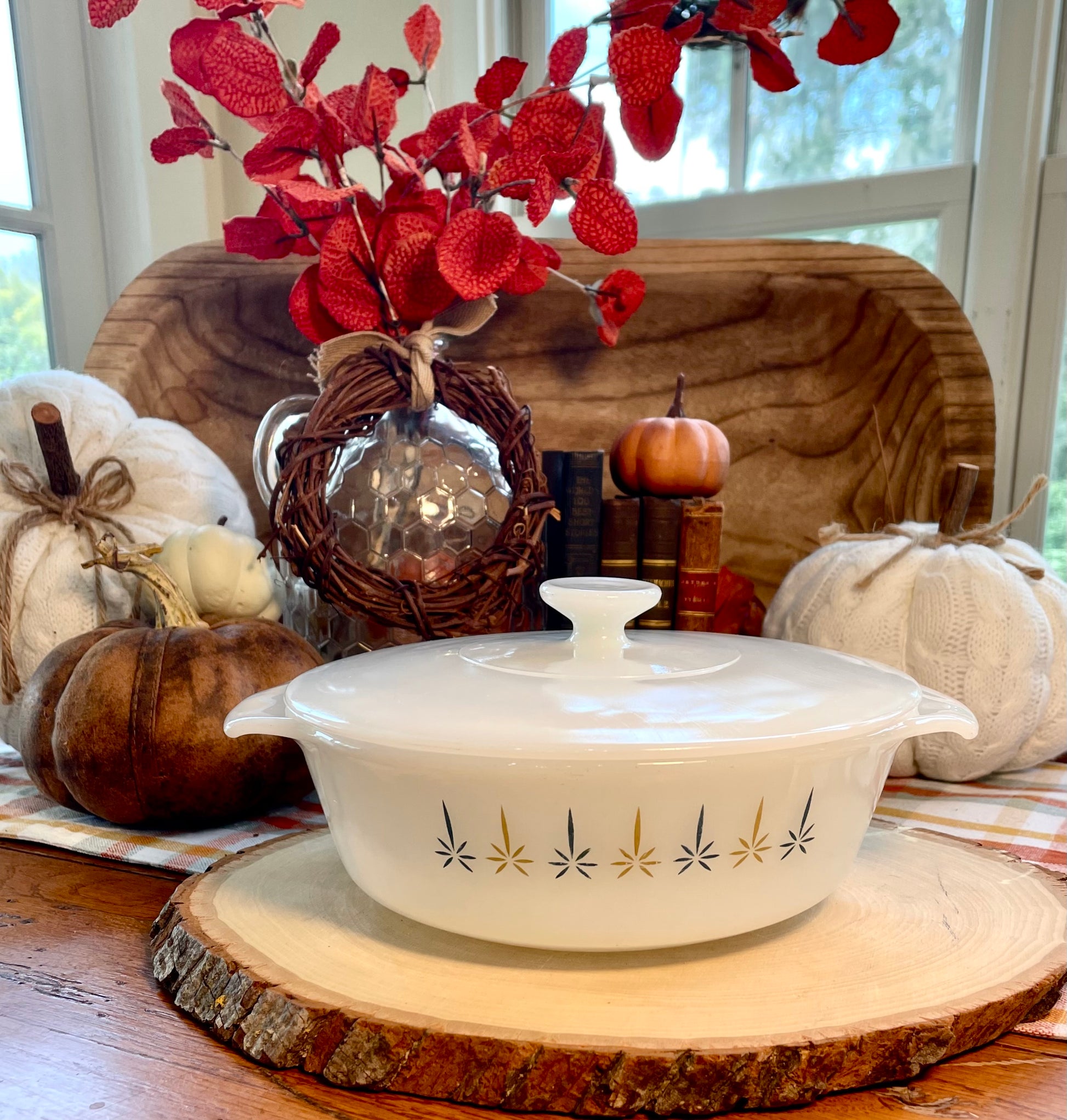 antique anchor hocking atomic starburst 1 quart casserole dish white milk glass vintage casserole dish milk glass kitchenware Thebrokenbirdcompany unique birthday gift orange and blue star burst dish cooking ware vintage kitchen vintage milk glass
