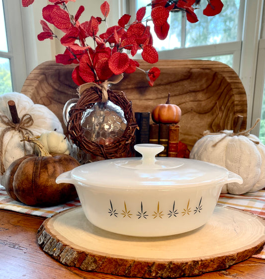 antique anchor hocking atomic starburst 1 quart casserole dish white milk glass vintage casserole dish milk glass kitchenware Thebrokenbirdcompany unique birthday gift orange and blue star burst dish cooking ware vintage kitchen vintage milk glass