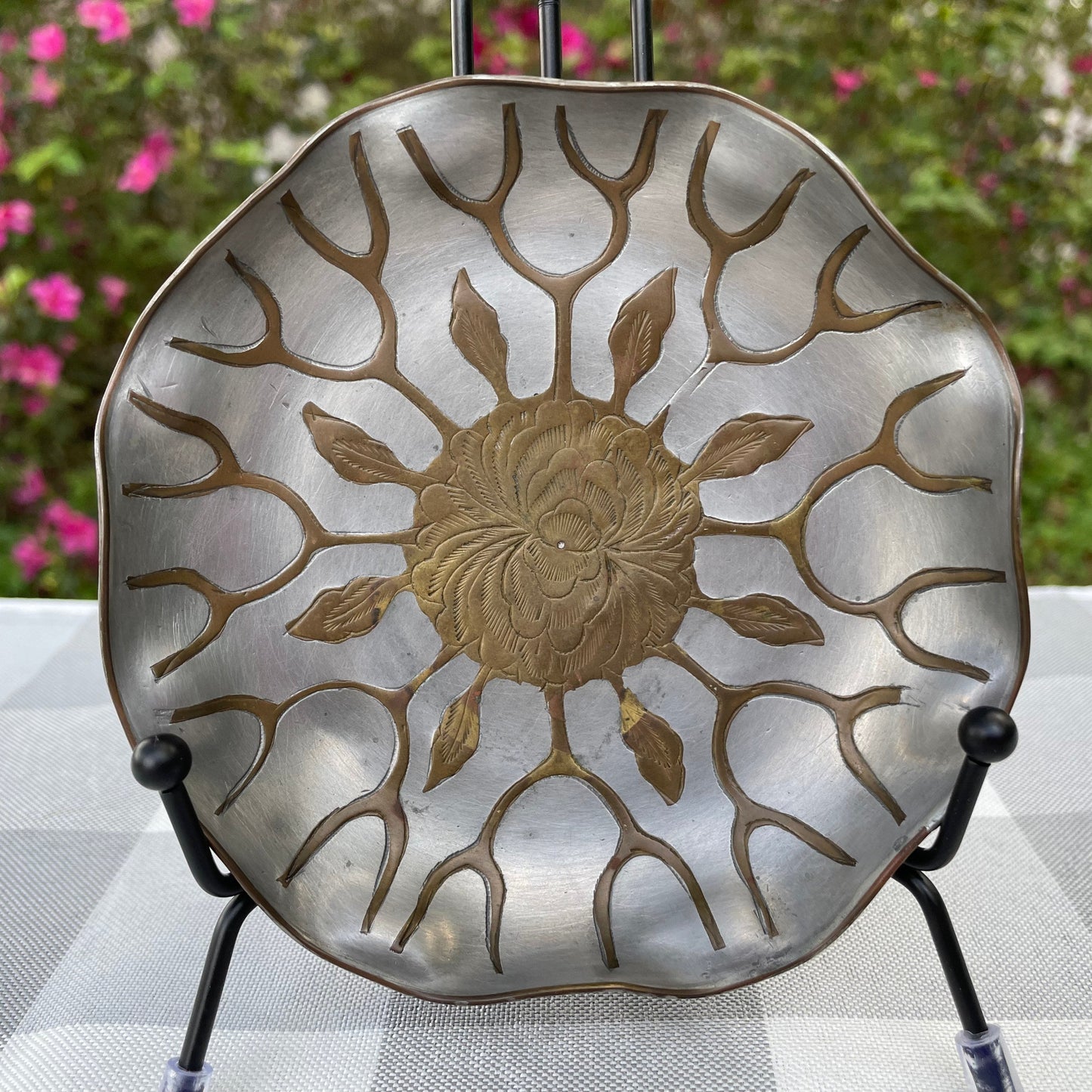 vintage Chinese pewter plate with brass etched inlay peony flower scalloped edge brass rim rare asain decor floral motif two toned metal plate CHINA stamped back circa 1900-1950 decorative pewter plate asain decor asain inspired plate thebrokenbirdcompany free shipping rare gift christmas housewarming gift