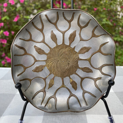 vintage Chinese pewter plate with brass etched inlay peony flower scalloped edge brass rim rare asain decor floral motif two toned metal plate CHINA stamped back circa 1900-1950 decorative pewter plate asain decor asain inspired plate thebrokenbirdcompany free shipping rare gift christmas housewarming gift
