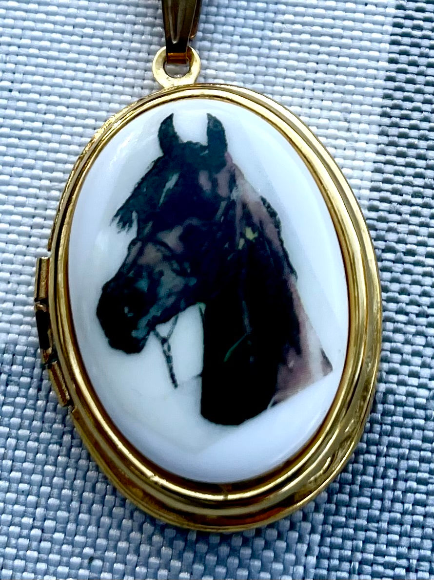 horse cameo necklace 24 inch gold tone chain with brown horse cameo locket horse lover gift for her equestrian themed white enamel with brown horse painted on front keepsake locket necklace thebrokenbirdcompany free shipping christmas gift unique western necklace country girl necklace horse locket