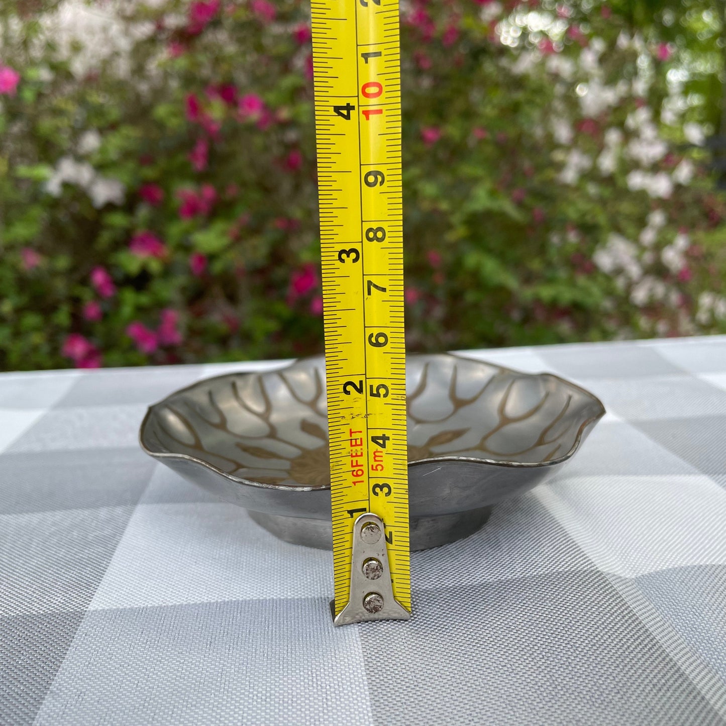 vintage Chinese pewter plate with brass etched inlay peony flower scalloped edge brass rim rare asain decor floral motif two toned metal plate CHINA stamped back circa 1900-1950 decorative pewter plate asain decor asain inspired plate thebrokenbirdcompany free shipping rare gift christmas housewarming gift
