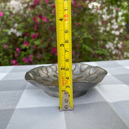 vintage Chinese pewter plate with brass etched inlay peony flower scalloped edge brass rim rare asain decor floral motif two toned metal plate CHINA stamped back circa 1900-1950 decorative pewter plate asain decor asain inspired plate thebrokenbirdcompany free shipping rare gift christmas housewarming gift