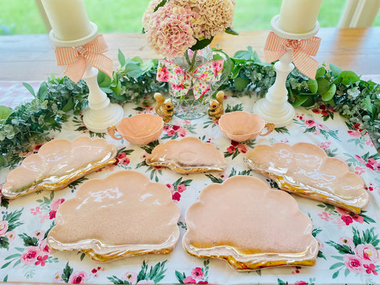 Vintage 1950s Shell Sea Ware Pink and Gold Glitter Sea Shell Shaped Dining Set with Sea Horse Tea Cups Miami Florida Beach Themed Dishes