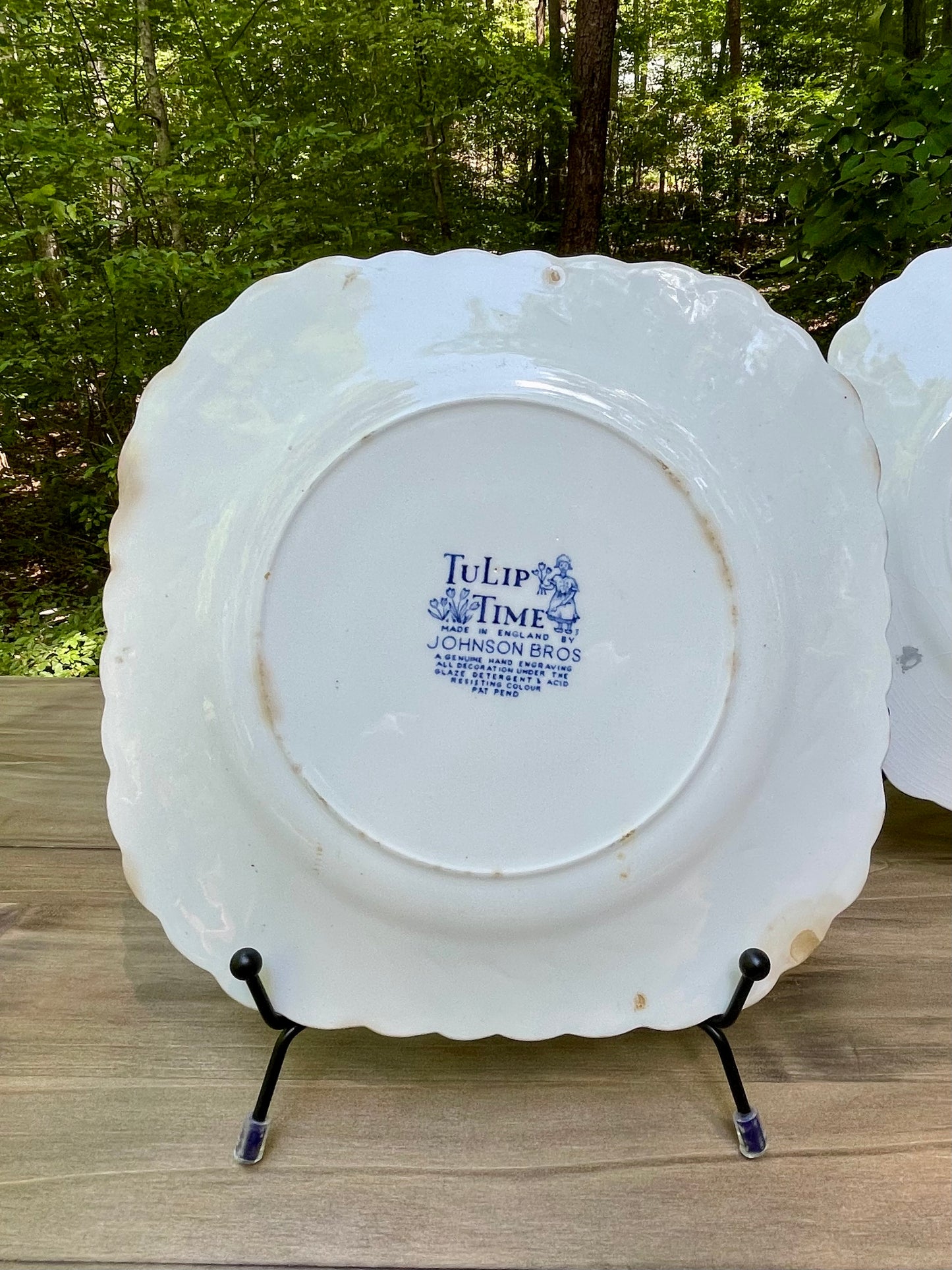 vintage blue and white dutch delftware ironstone square plates tulip time by johnson brothers made in england ruffled edge country farmhouse decor decorative plates free shipping thebrokenbirdcompany gift for her home decor