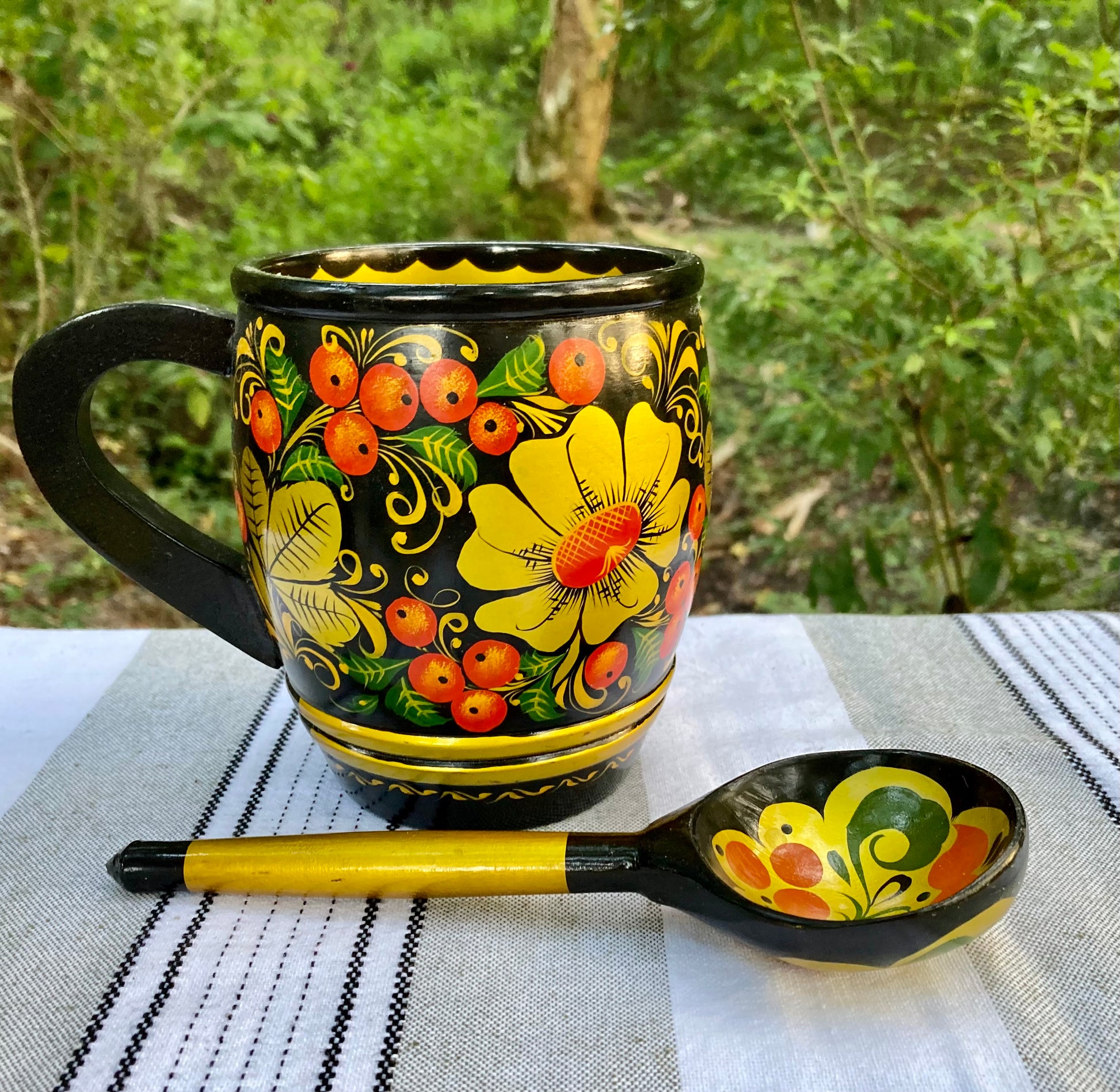 khokhloma, russian khokhloma, vintage khokhloma, russian folk art, hand painted wooden bowl, lacquered wood mug, khokhloma spoon, russian lacquerware, folk art set, painted berries flowers, soviet era khokhloma, traditional russian tableware, wooden cup spoon bowl, yellow floral khokhloma, black background khokhloma, russian souvenir, hohloma painting, khokhloma gift, wooden ladle, folk art mug thebrokenbirdcompany free shipping russian art USSR