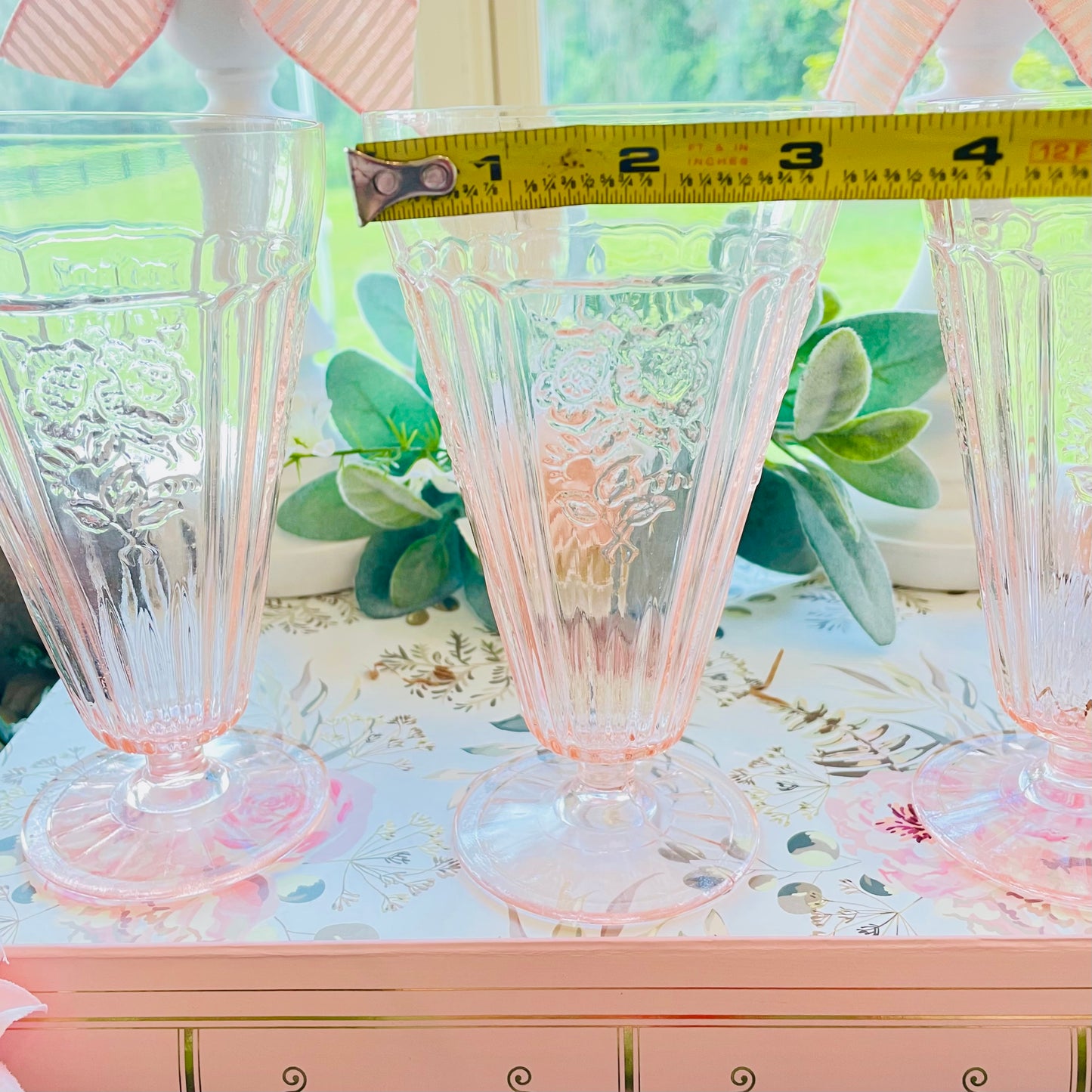 Antique Anchor Hocking Mayfair Open Rose Pink Depression Glass Footed Iced Tea Cups 3 Thebrokenbirdcompany pink ice tea glasses antique glass roses embossed on the sides of the cup with a round pedestal base with lateral lines pressed bottom glass