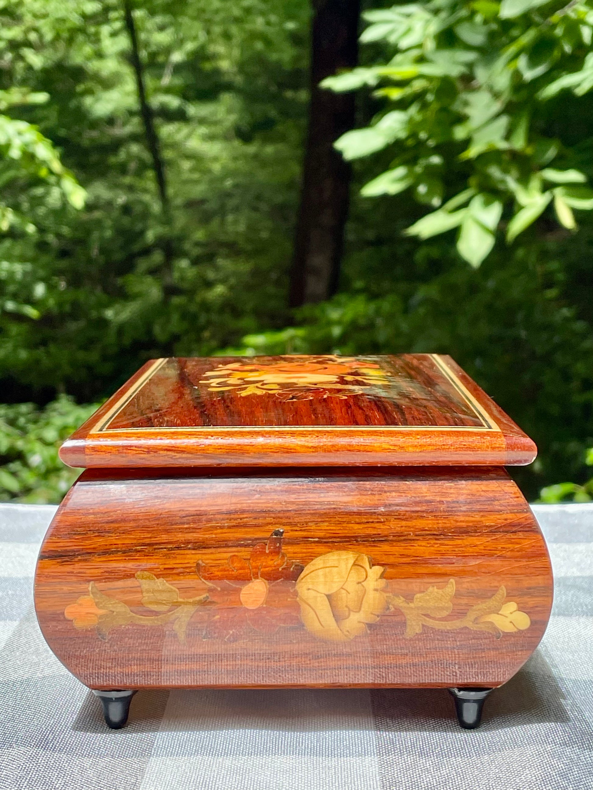 Italian made vintage reuge swiss music movement jewelry music box red velvet inside hand inlaid floral motifs gold trim wind up music box vintage music box pink flowers white and yellow flowers birthday gift for her christmas unique gift thebrokenbirdcompany free shipping rare music box collectible jewelry box made in italy