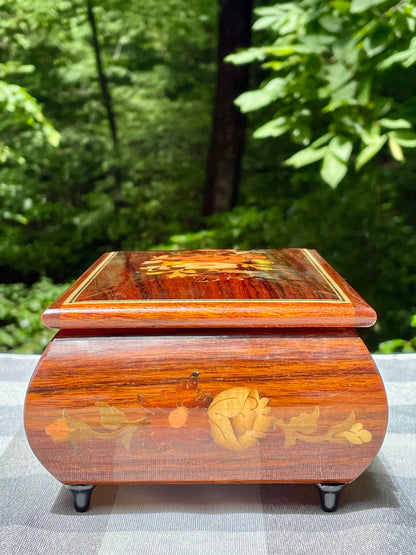 Italian made vintage reuge swiss music movement jewelry music box red velvet inside hand inlaid floral motifs gold trim wind up music box vintage music box pink flowers white and yellow flowers birthday gift for her christmas unique gift thebrokenbirdcompany free shipping rare music box collectible jewelry box made in italy