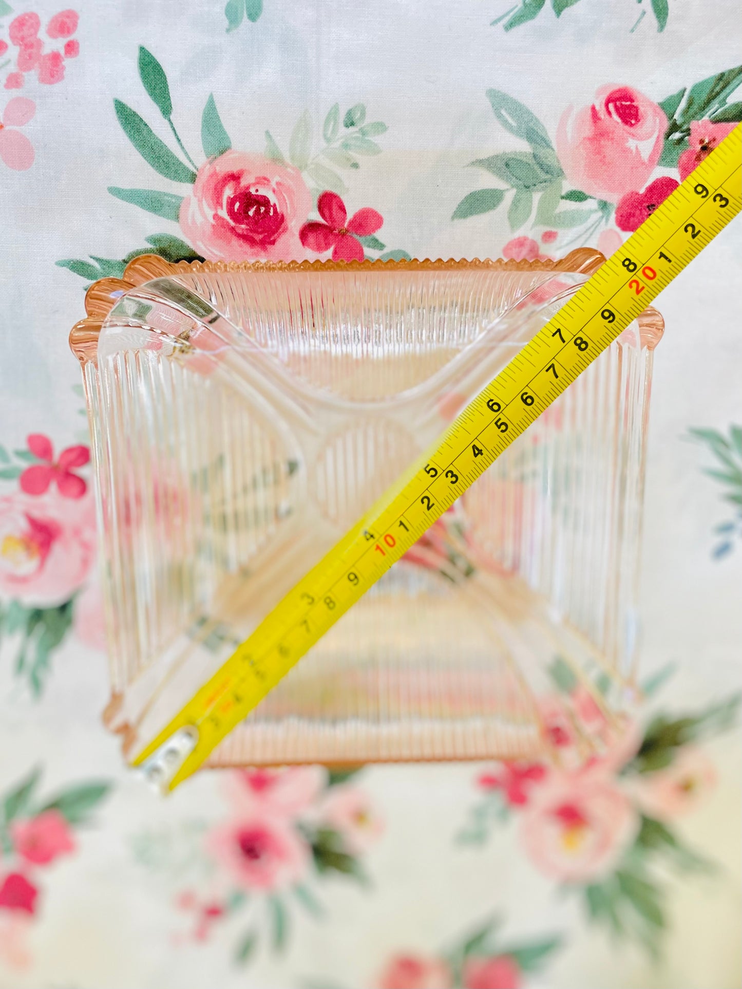 Antique Opalescent Pink Depression Glass Square Ribbed Dish