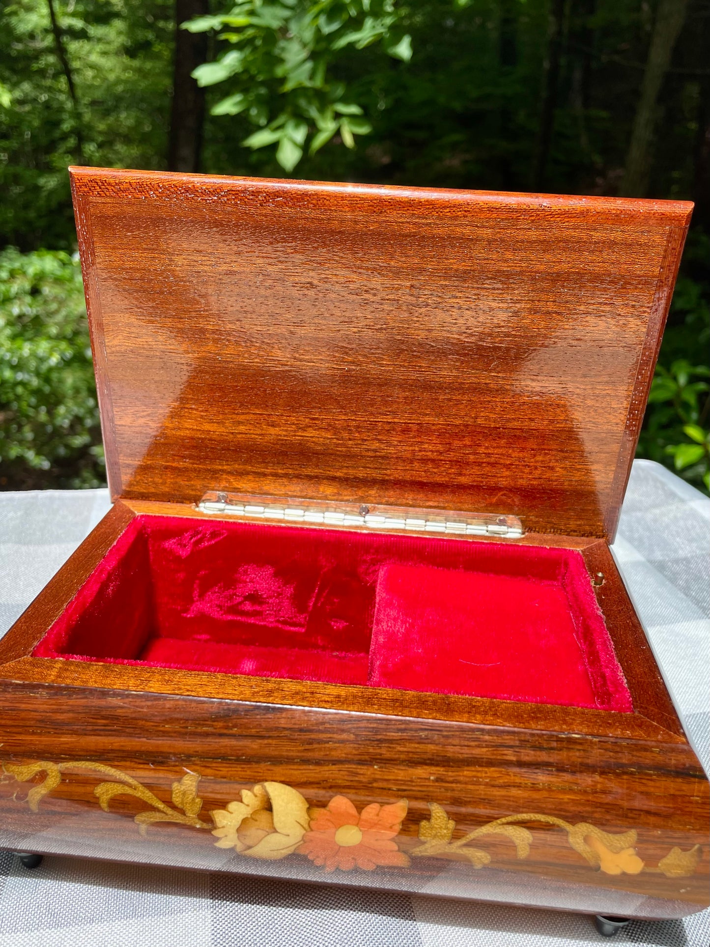 Italian made vintage reuge swiss music movement jewelry music box red velvet inside hand inlaid floral motifs gold trim wind up music box vintage music box pink flowers white and yellow flowers birthday gift for her christmas unique gift thebrokenbirdcompany free shipping rare music box collectible jewelry box made in italy