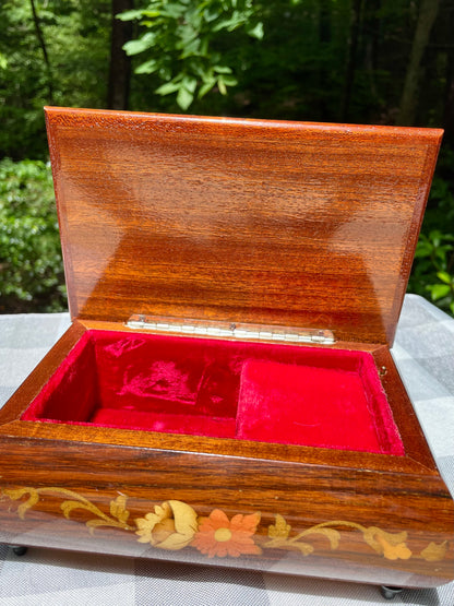 Italian made vintage reuge swiss music movement jewelry music box red velvet inside hand inlaid floral motifs gold trim wind up music box vintage music box pink flowers white and yellow flowers birthday gift for her christmas unique gift thebrokenbirdcompany free shipping rare music box collectible jewelry box made in italy