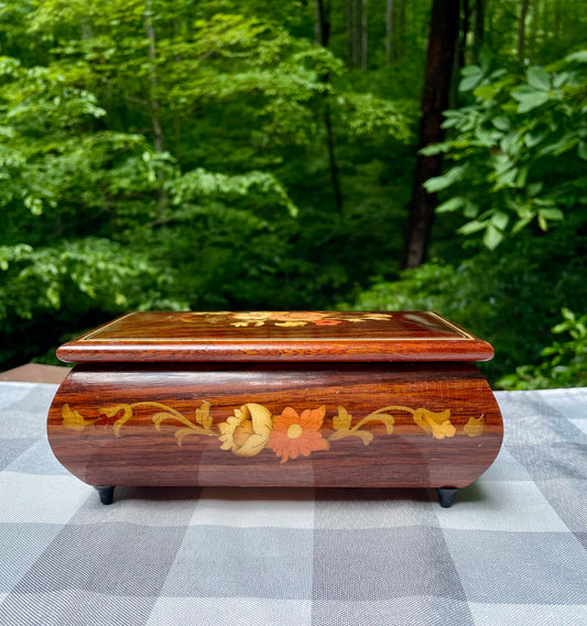 Italian made vintage reuge swiss music movement jewelry music box red velvet inside hand inlaid floral motifs gold trim wind up music box vintage music box pink flowers white and yellow flowers birthday gift for her christmas unique gift thebrokenbirdcompany free shipping rare music box collectible jewelry box made in italy