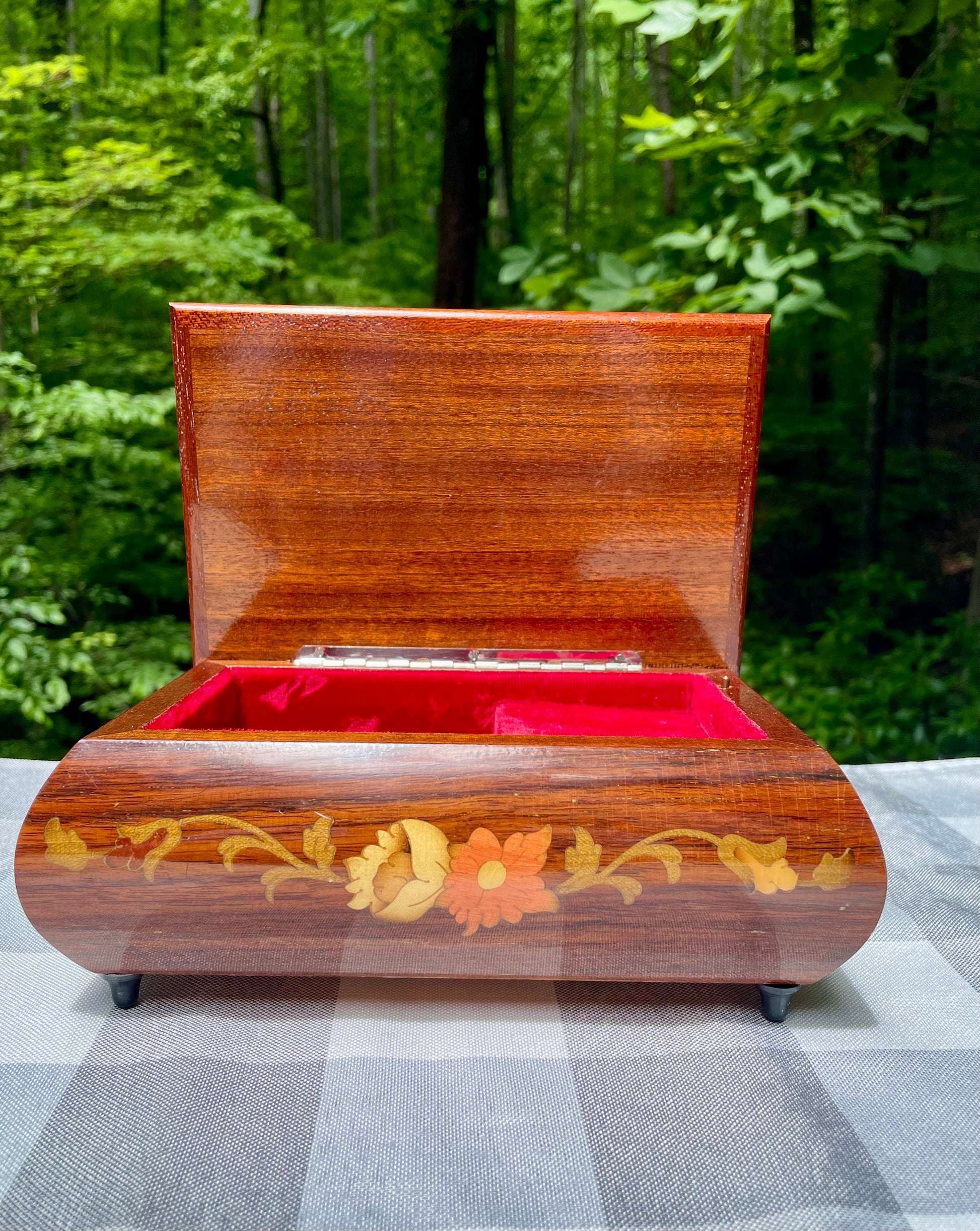Italian made vintage reuge swiss music movement jewelry music box red velvet inside hand inlaid floral motifs gold trim wind up music box vintage music box pink flowers white and yellow flowers birthday gift for her christmas unique gift thebrokenbirdcompany free shipping rare music box collectible jewelry box made in italy