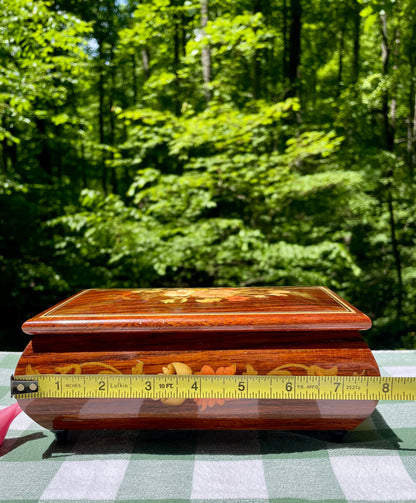 Italian made vintage reuge swiss music movement jewelry music box red velvet inside hand inlaid floral motifs gold trim wind up music box vintage music box pink flowers white and yellow flowers birthday gift for her christmas unique gift thebrokenbirdcompany free shipping rare music box collectible jewelry box made in italy