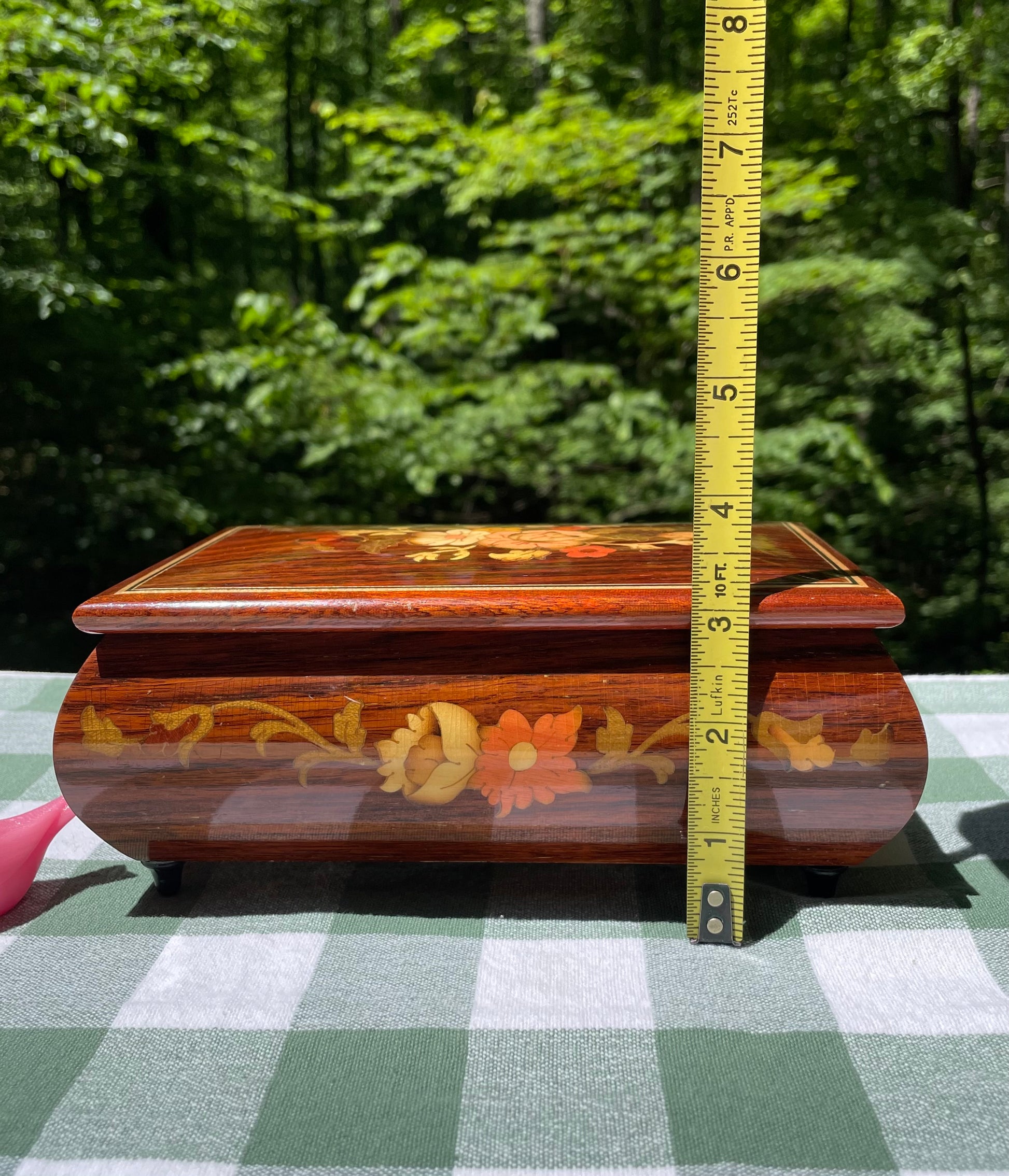 Italian made vintage reuge swiss music movement jewelry music box red velvet inside hand inlaid floral motifs gold trim wind up music box vintage music box pink flowers white and yellow flowers birthday gift for her christmas unique gift thebrokenbirdcompany free shipping rare music box collectible jewelry box made in italy