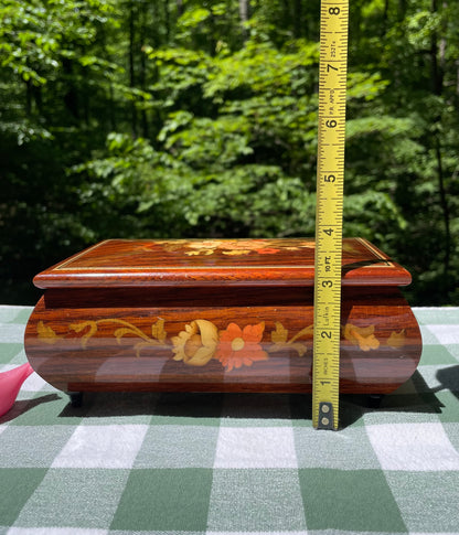 Italian made vintage reuge swiss music movement jewelry music box red velvet inside hand inlaid floral motifs gold trim wind up music box vintage music box pink flowers white and yellow flowers birthday gift for her christmas unique gift thebrokenbirdcompany free shipping rare music box collectible jewelry box made in italy