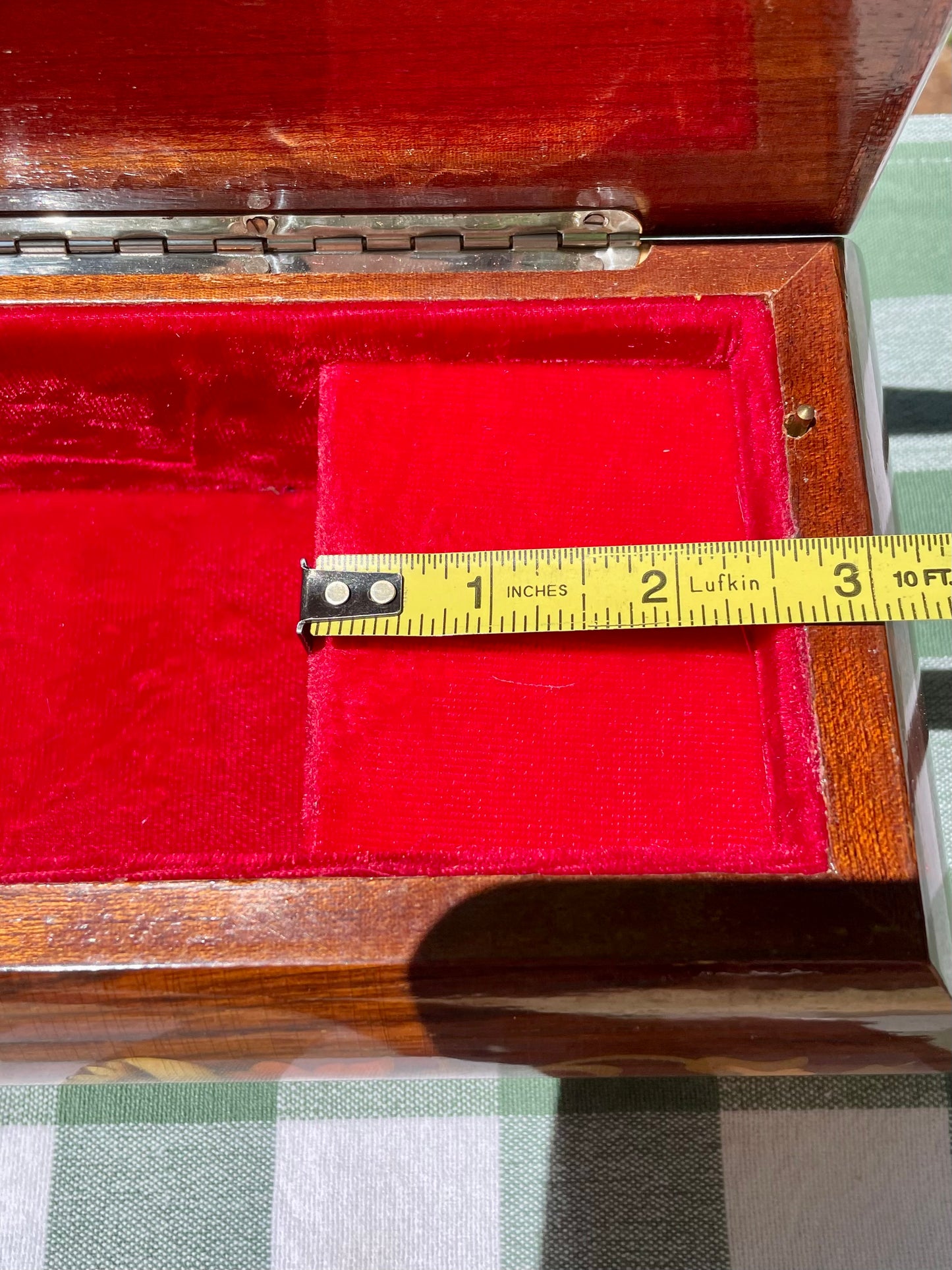 Italian made vintage reuge swiss music movement jewelry music box red velvet inside hand inlaid floral motifs gold trim wind up music box vintage music box pink flowers white and yellow flowers birthday gift for her christmas unique gift thebrokenbirdcompany free shipping rare music box collectible jewelry box made in italy