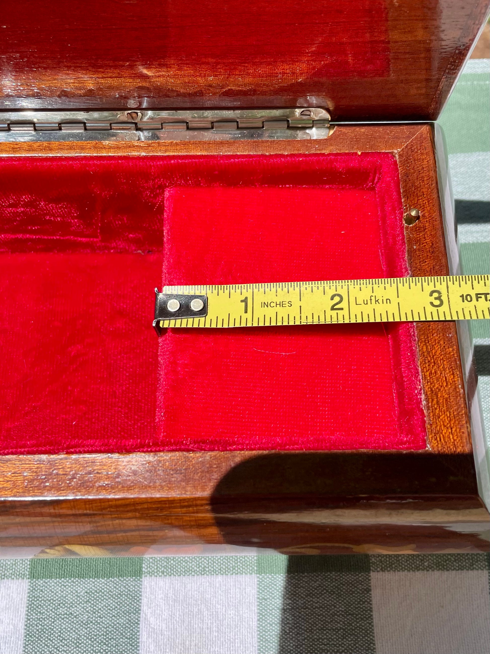 Italian made vintage reuge swiss music movement jewelry music box red velvet inside hand inlaid floral motifs gold trim wind up music box vintage music box pink flowers white and yellow flowers birthday gift for her christmas unique gift thebrokenbirdcompany free shipping rare music box collectible jewelry box made in italy