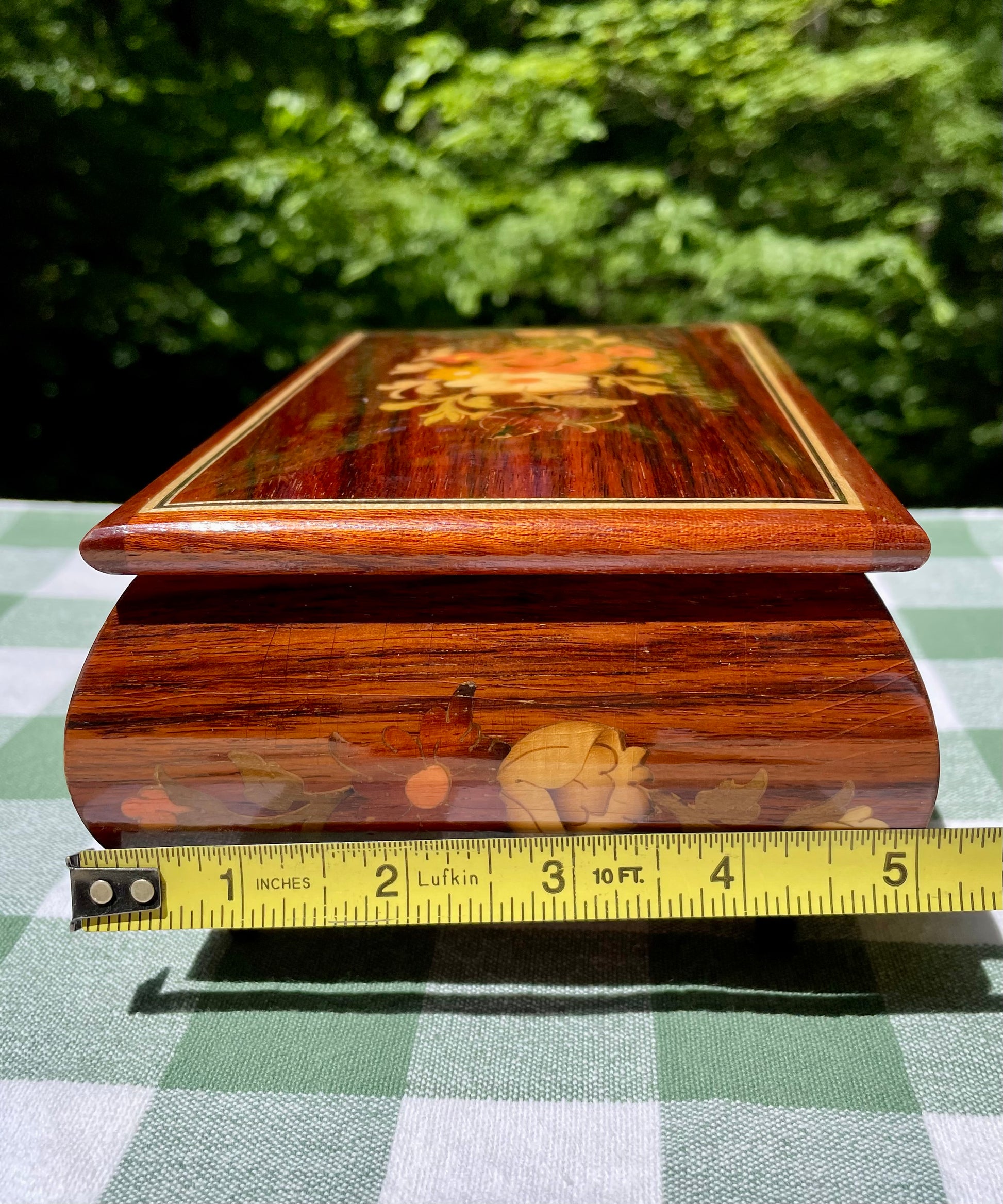 Italian made vintage reuge swiss music movement jewelry music box red velvet inside hand inlaid floral motifs gold trim wind up music box vintage music box pink flowers white and yellow flowers birthday gift for her christmas unique gift thebrokenbirdcompany free shipping rare music box collectible jewelry box made in italy