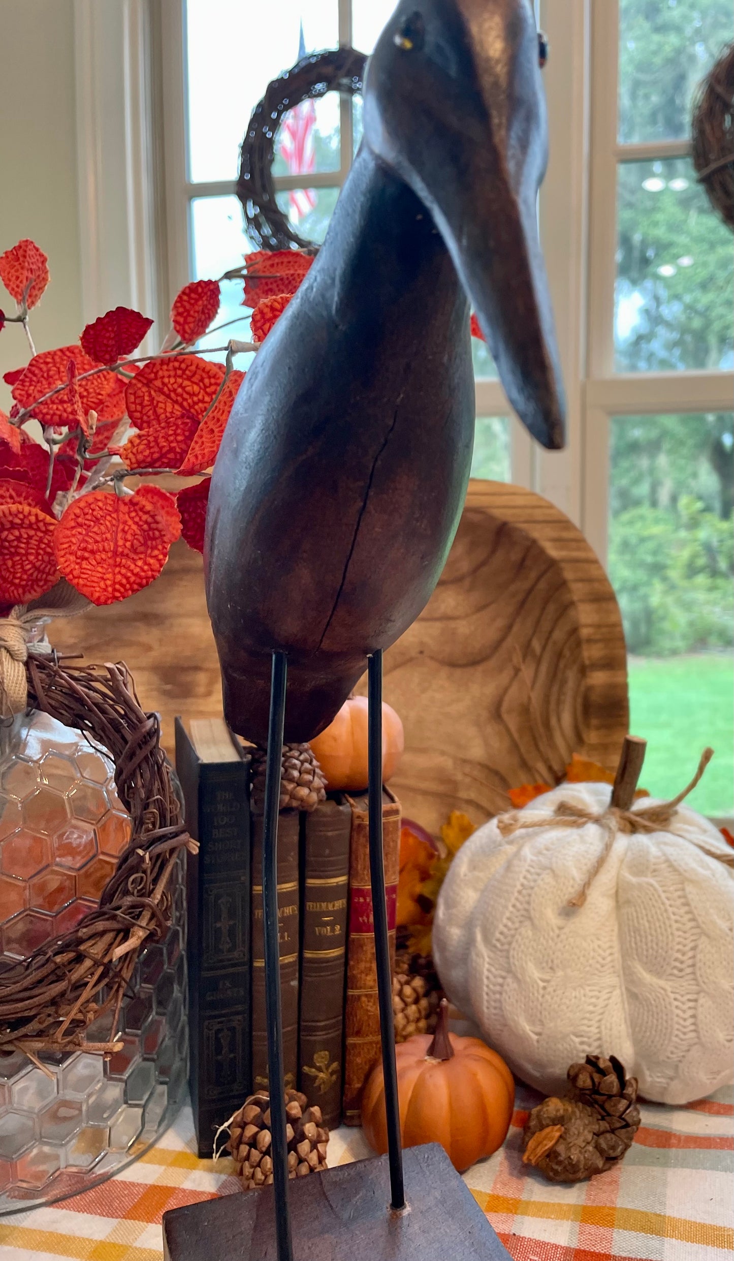 Vintage Dark Wood Heron Statue with Matte Metal Legs and Wooden Stand