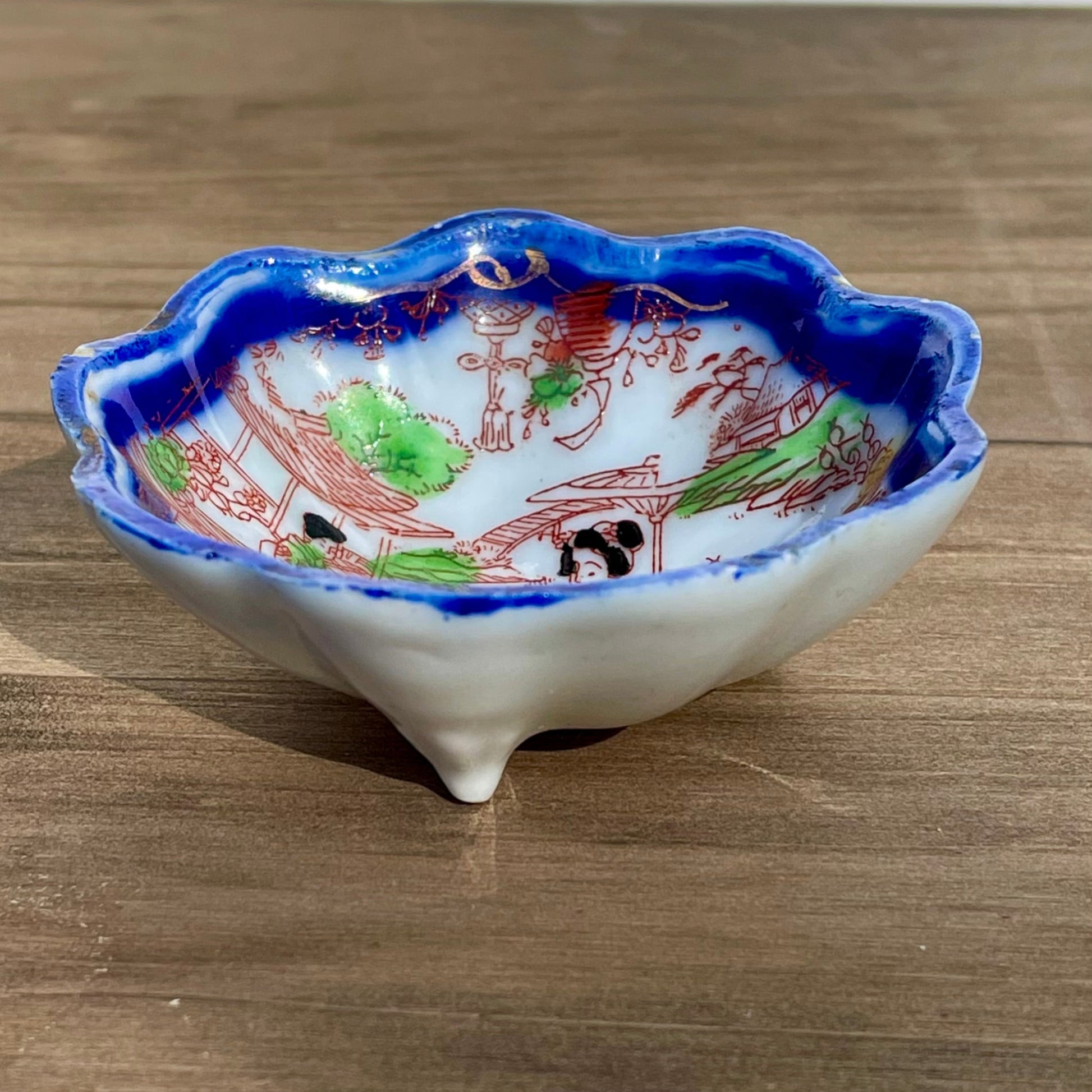 Vintage hand painted blue scalloped edge teriyaki sauce bowl japanese moriage raised textured painted teriyaki sauce bowl vintage hand made blue scalloped edge bowl asain decor rare bowls asain home decor rare asian kitchen ware thebrokenbirdcompany free shipping made in japan raised textured painting asain cup blue edge geisha japan landscape green plants red dress geisha