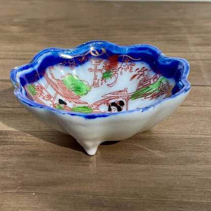 Vintage hand painted blue scalloped edge teriyaki sauce bowl japanese moriage raised textured painted teriyaki sauce bowl vintage hand made blue scalloped edge bowl asain decor rare bowls asain home decor rare asian kitchen ware thebrokenbirdcompany free shipping made in japan raised textured painting asain cup blue edge geisha japan landscape green plants red dress geisha