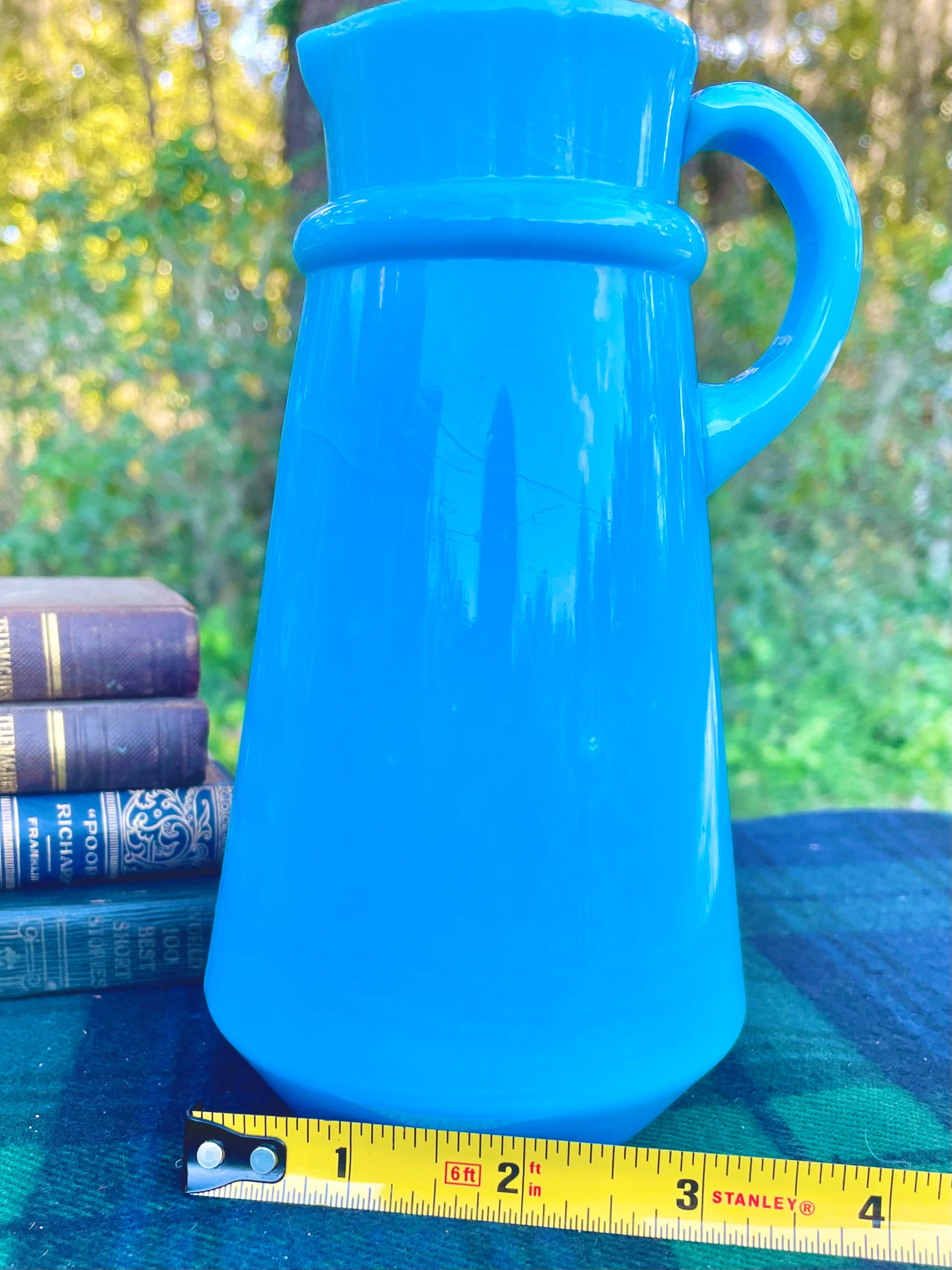 vintage french opaline pitcher, blue opaline glass pitcher, antique french opaline, raised base mark glass, swirl mark opaline, portieux vallerysthal style, 6 inch blue opaline jug, hand blown french pitcher, robins egg blue creamer, embossed mold mark glassware, collectible french milk glass, turquoise opaline pitcher, victorian blue opaline, french opaline with base mark victorian decor french victorian decor 19th century antiques ocean blue glass thebrokenbirdcompany free shipping