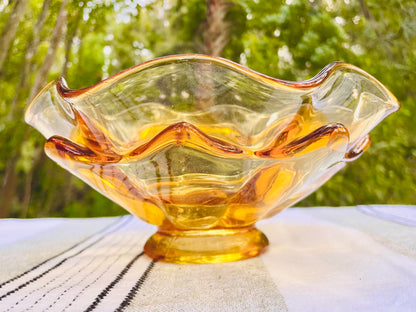 viking glass bowl, viking epic bowl, double ruffle viking, double crimped viking glass, amber viking glass, mid century modern viking, viking amber candy dish, 8 inch viking ruffled bowl, golden amber viking bowl, viking glass company, mcm art glass bowl, vintage viking double ruffle, honey amber ruffled dish, west virginia glass, 1960s viking glass, viking persimmon bowl thebrokenbirdcompany free shipping vintage home decor mcm decor