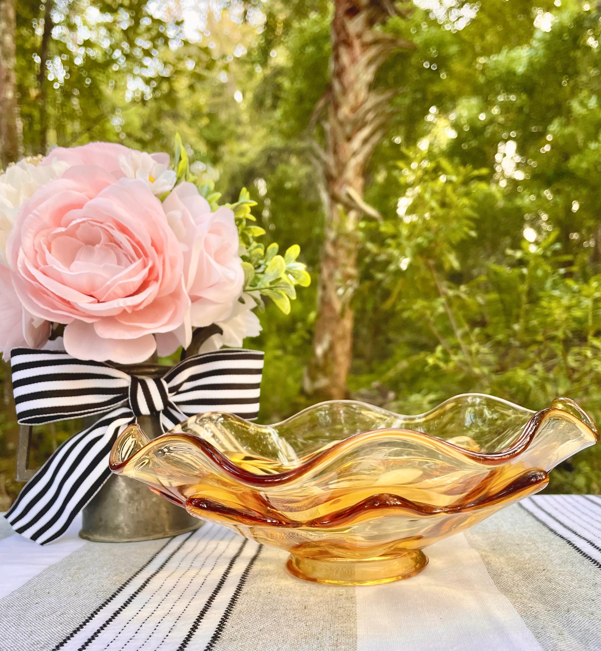 viking glass bowl, viking epic bowl, double ruffle viking, double crimped viking glass, amber viking glass, mid century modern viking, viking amber candy dish, 8 inch viking ruffled bowl, golden amber viking bowl, viking glass company, mcm art glass bowl, vintage viking double ruffle, honey amber ruffled dish, west virginia glass, 1960s viking glass, viking persimmon bowl thebrokenbirdcompany free shipping vintage home decor mcm decor