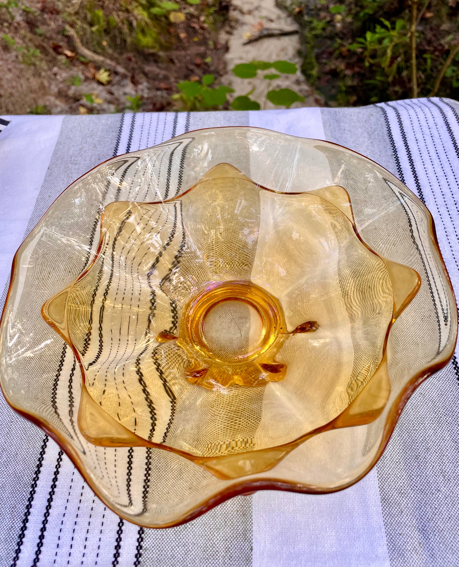 viking glass bowl, viking epic bowl, double ruffle viking, double crimped viking glass, amber viking glass, mid century modern viking, viking amber candy dish, 8 inch viking ruffled bowl, golden amber viking bowl, viking glass company, mcm art glass bowl, vintage viking double ruffle, honey amber ruffled dish, west virginia glass, 1960s viking glass, viking persimmon bowl thebrokenbirdcompany free shipping vintage home decor mcm decor