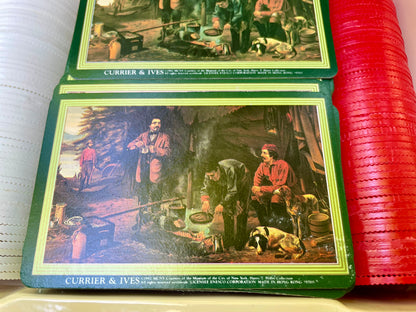vintage-playing-cards-Currier-and-Ives-collectible-poker-chips-set-tin-box-game-set-1991-card-deck, Americana artwork cards, double deck poker, museum licensed vintage, retro Currier Ives tin, historical prints playing cards, camping scene poker set, hound dog canoe tin, vintage game night essentials, collectible card games, 19th century lithograph reproduction thebrokenbirdcompany vintage gift free shipping