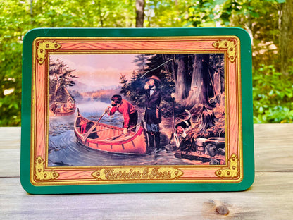 vintage-playing-cards-Currier-and-Ives-collectible-poker-chips-set-tin-box-game-set-1991-card-deck, Americana artwork cards, double deck poker, museum licensed vintage, retro Currier Ives tin, historical prints playing cards, camping scene poker set, hound dog canoe tin, vintage game night essentials, collectible card games, 19th century lithograph reproduction thebrokenbirdcompany vintage gift free shipping