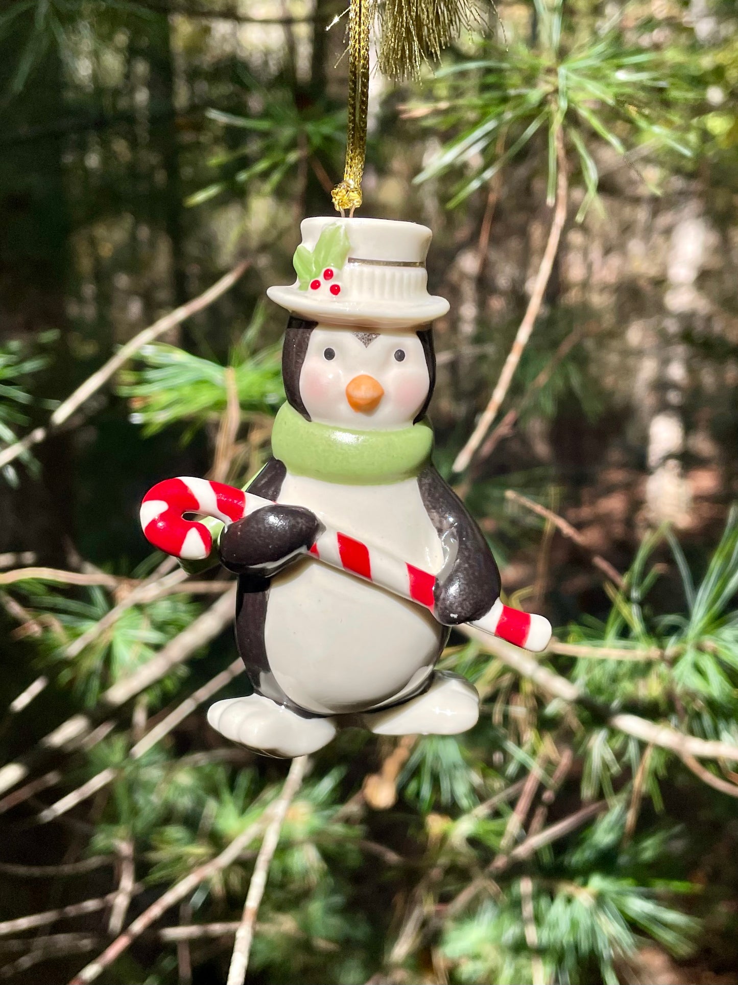 vintage 1990s Lenox Christmas Ornament Penguin holding a candy cane with top hat and green scarf 3.5 inch very merry christmas collection rare lenox gift babys first christmas gift collection set free shipping thebrokenbirdcompany christmas decor christmas ornaments vintage christmas decor holiday ornaments