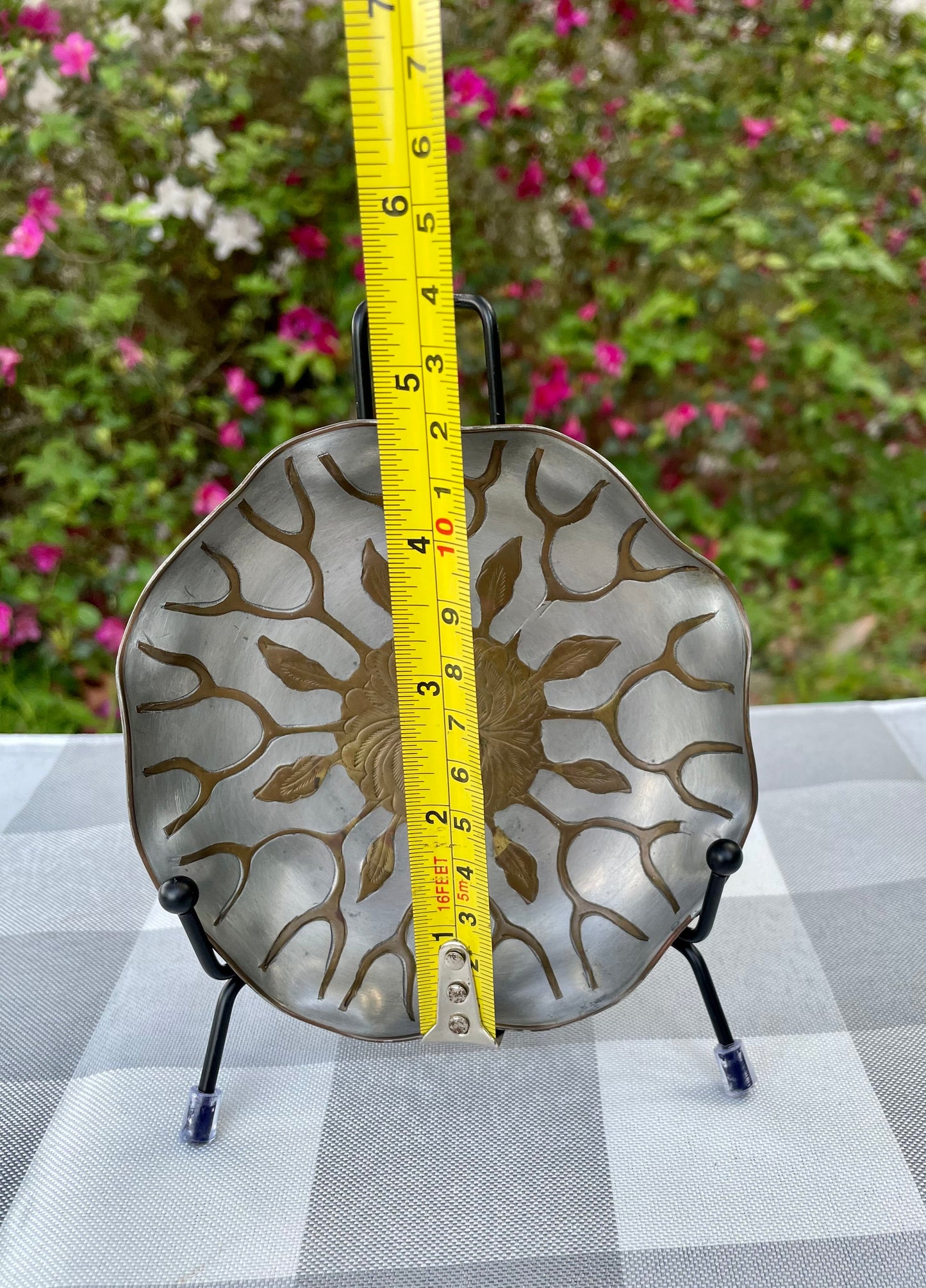 vintage Chinese pewter plate with brass etched inlay peony flower scalloped edge brass rim rare asain decor floral motif two toned metal plate CHINA stamped back circa 1900-1950 decorative pewter plate asain decor asain inspired plate thebrokenbirdcompany free shipping rare gift christmas housewarming gift