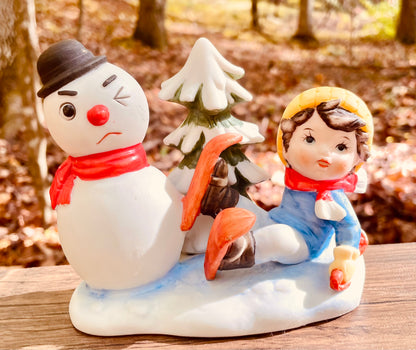 vintage UCGCO ceramic Christmas Figurine little boy in beanie snowman winking christmas tree hand painted 4 inch christmas decor ornament home decor vintage christmas gift Thebrokenbirdcompany free shipping