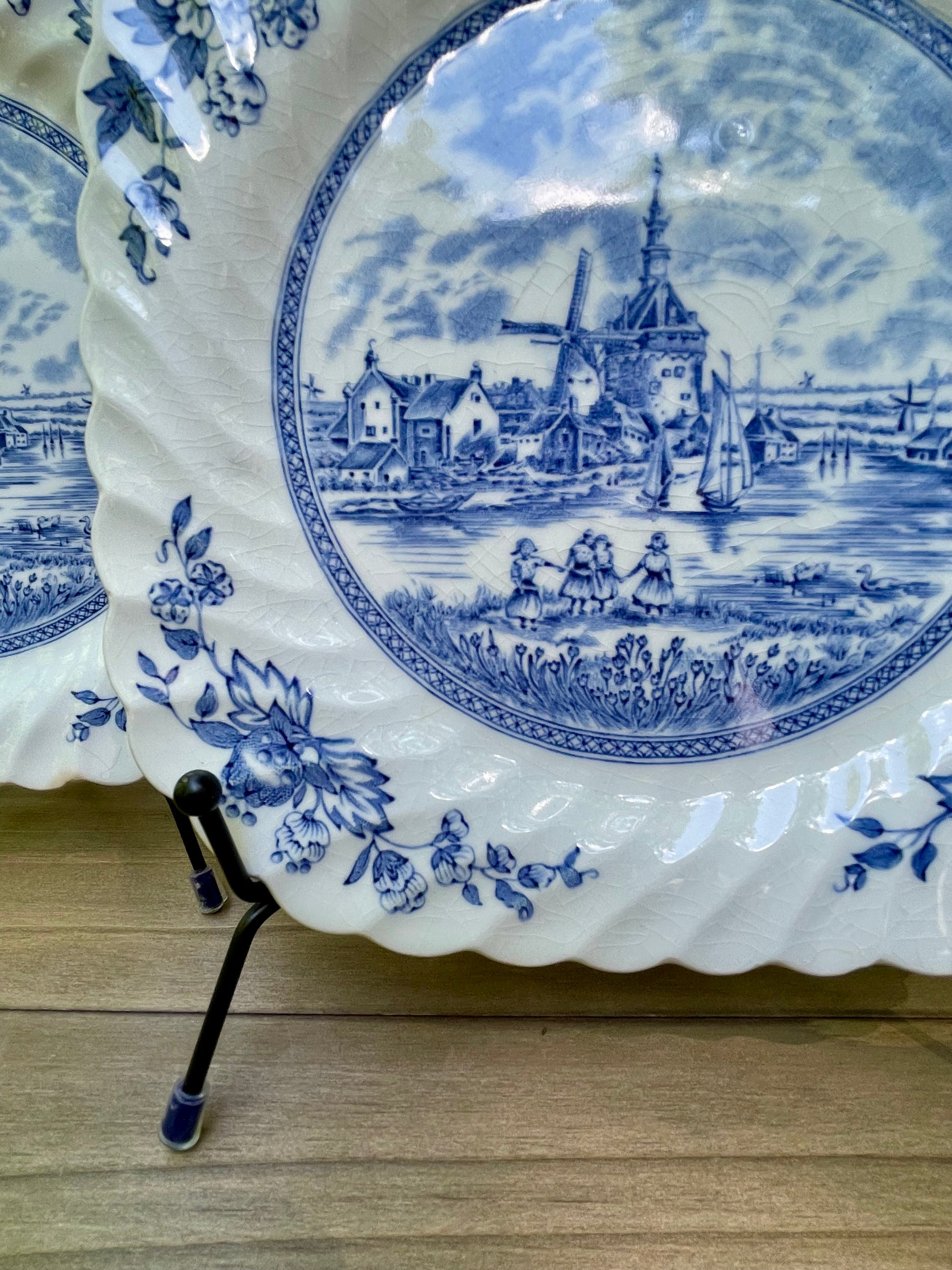 vintage blue and white dutch delftware ironstone square plates tulip time by johnson brothers made in england ruffled edge country farmhouse decor decorative plates free shipping thebrokenbirdcompany gift for her home decor