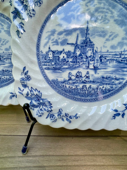 vintage blue and white dutch delftware ironstone square plates tulip time by johnson brothers made in england ruffled edge country farmhouse decor decorative plates free shipping thebrokenbirdcompany gift for her home decor