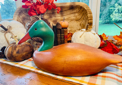 vintage duck decoy, wooden mallard decoy, greenhead duck decoy, hand carved duck, glass eye decoy, solid wood duck, folk art decoy, decorative duck decoy, cabin decor, lake house decor, rustic home decor, vintage waterfowl, mallard drake carving, 16 inch duck decoy, American folk art bird, hunting decor, mantel decoy Thebrokenbirdcompany free shipping duck wood duck statue