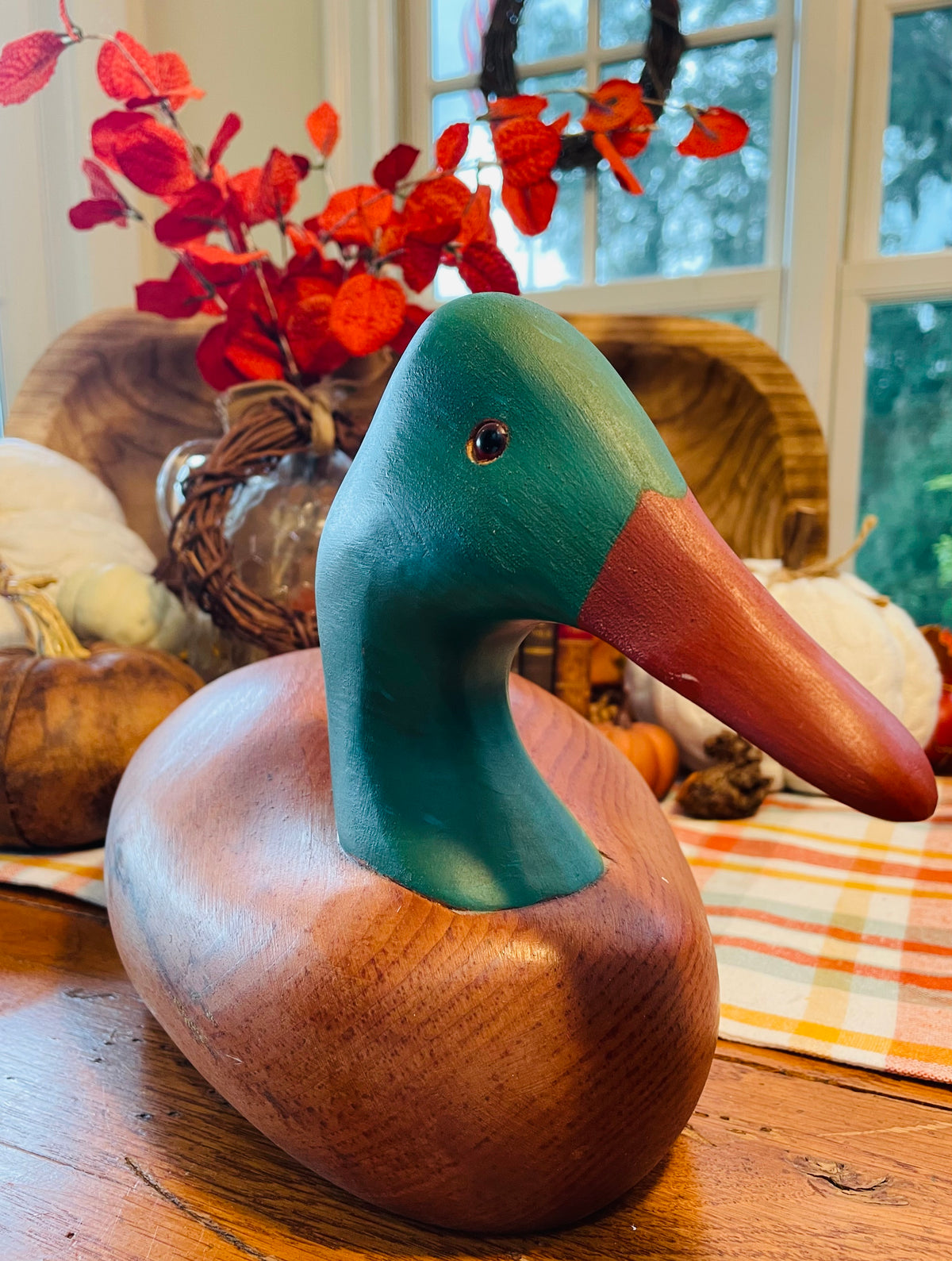 vintage duck decoy, wooden mallard decoy, greenhead duck decoy, hand carved duck, glass eye decoy, solid wood duck, folk art decoy, decorative duck decoy, cabin decor, lake house decor, rustic home decor, vintage waterfowl, mallard drake carving, 16 inch duck decoy, American folk art bird, hunting decor, mantel decoy Thebrokenbirdcompany free shipping duck wood duck statue