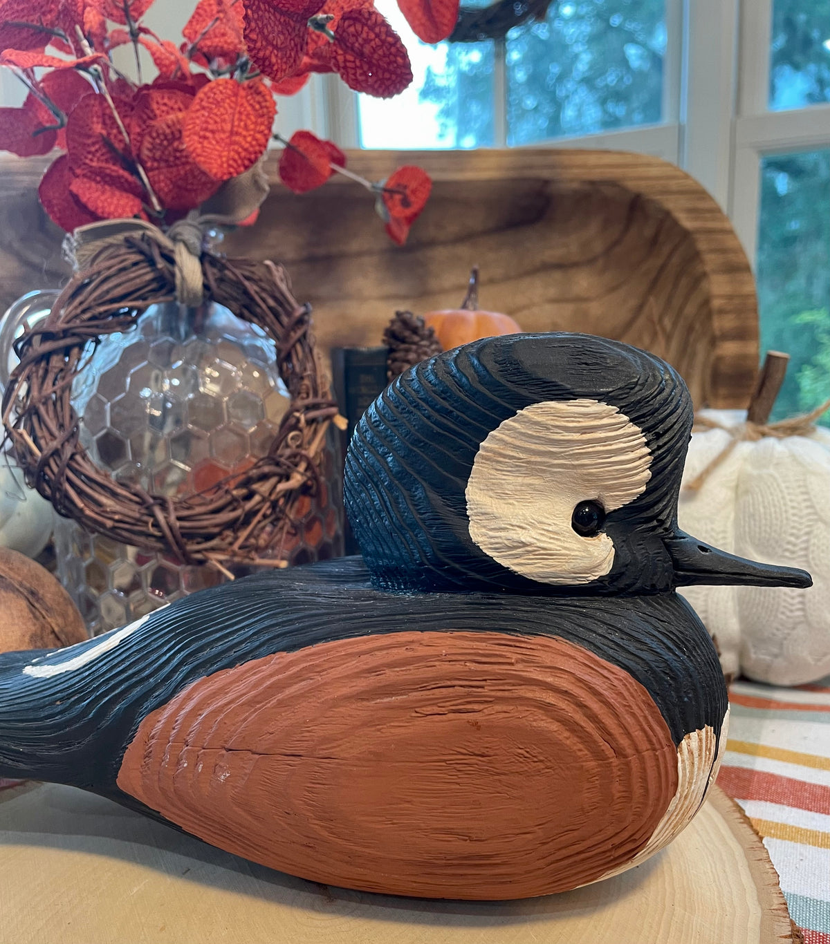 vintage duck decoy, hooded merganser decoy, hand carved wooden duck, painted wood duck decoy, folk art decoy, decorative duck sculpture, rustic home decor, lodge decor, cabin decor, waterfowl art, hunting memorabilia, wooden bird carving, merganser duck, vintage folk art, solid wood decoy, 9 inch duck decoy, American folk art bird, mantel decor, shelf sitter duck Thebrokenbirdcompany free shipping Christmas gift birthday gift 