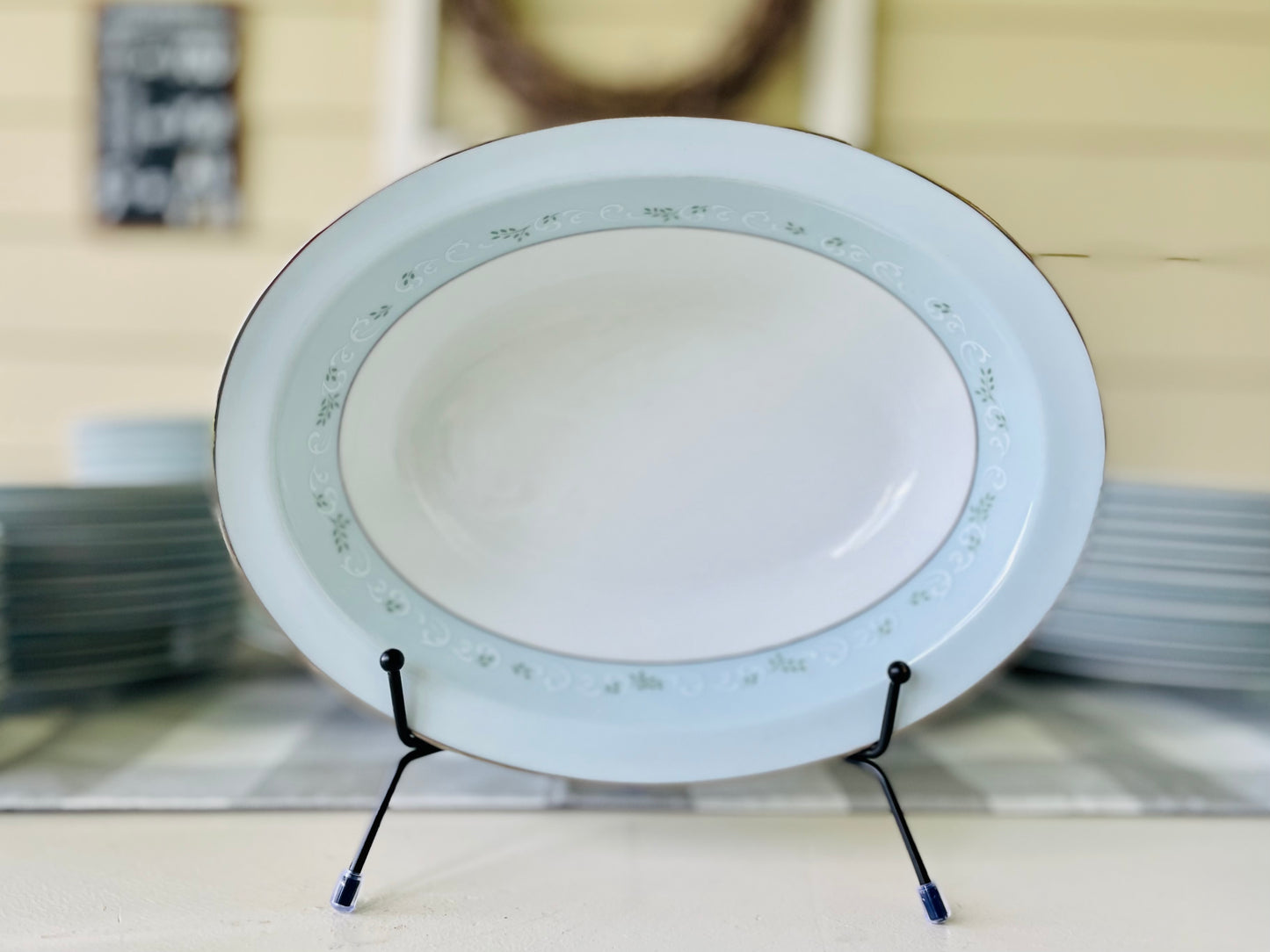Noritake's discontinued Martha #6344 pattern, produced from 1962-1968, a military-exclusive treasure hand-painted for American families abroad, now ready to steal the show at your next porch supper or holiday feast. Includes 95 pieces (listed below) adored with baby blue trim, white filigree designs mixed with green leafy accents, topped off with a beautiful platinum rim