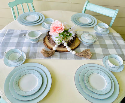 Noritake's discontinued Martha #6344 pattern, produced from 1962-1968, a military-exclusive treasure hand-painted for American families abroad, now ready to steal the show at your next porch supper or holiday feast. Includes 95 pieces (listed below) adored with baby blue trim, white filigree designs mixed with green leafy accents, topped off with a beautiful platinum rim